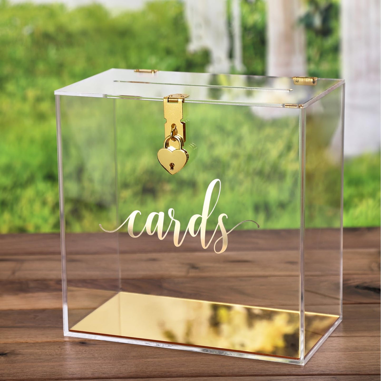 UNIQOOO Clear Acrylic Card Box w/Lock, Thick Wedding Box w/Slot Gold Foil Print, Large 10x10x5.5 in, for Reception Decoration Fundraiser Money Box Election Ballot Graduation Keepsake Party Favor