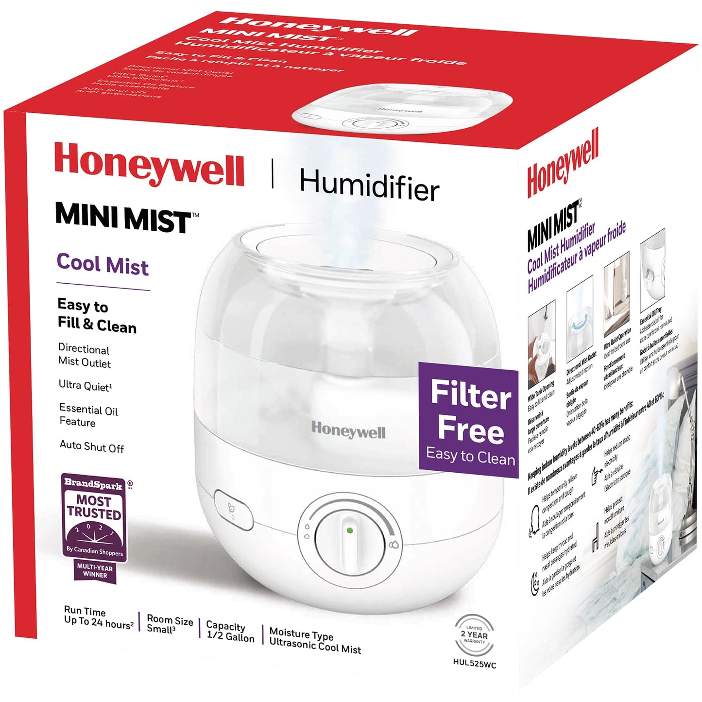 Honeywell HUL525WC Mini Mist™ Ultrasonic Cool Humidifier, White, With Essential Oil Tray, Variable Output Control, Auto Shut-off, Ultra Quiet Operation, Directional Outlet, Visible Mist