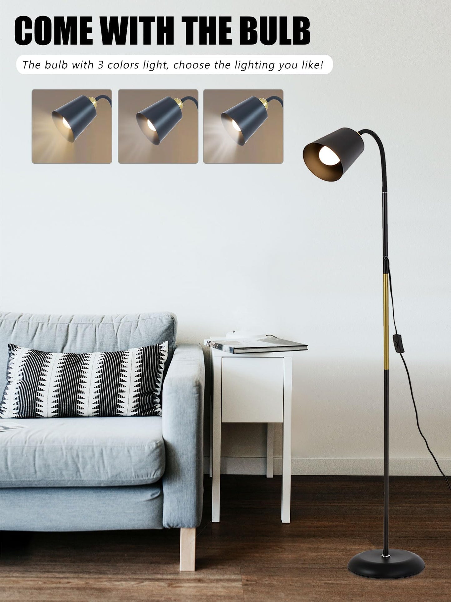 Floor Reading Lamp, Industrial Metal Standing Lamps with Adjustable Bendable 2 in 1 Table Lamps for Living Room Bedroom Office, 12W Bulb Included (Black)