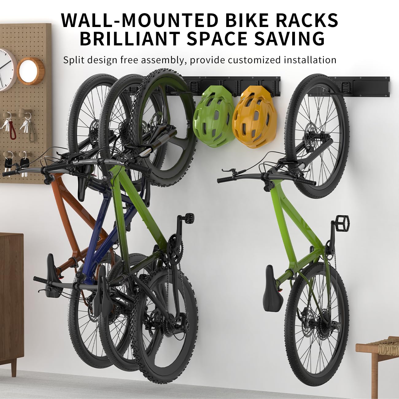 Housolution Bike Wall Mount 32Inch for 4 Bikes + 3 Helmets, Up to 300lbs, Heavy Duty Bike Hangers for Garage, Bike Hooks for Garage, Solid Steel Bicycle Storage, Bike Storage Rack, Black