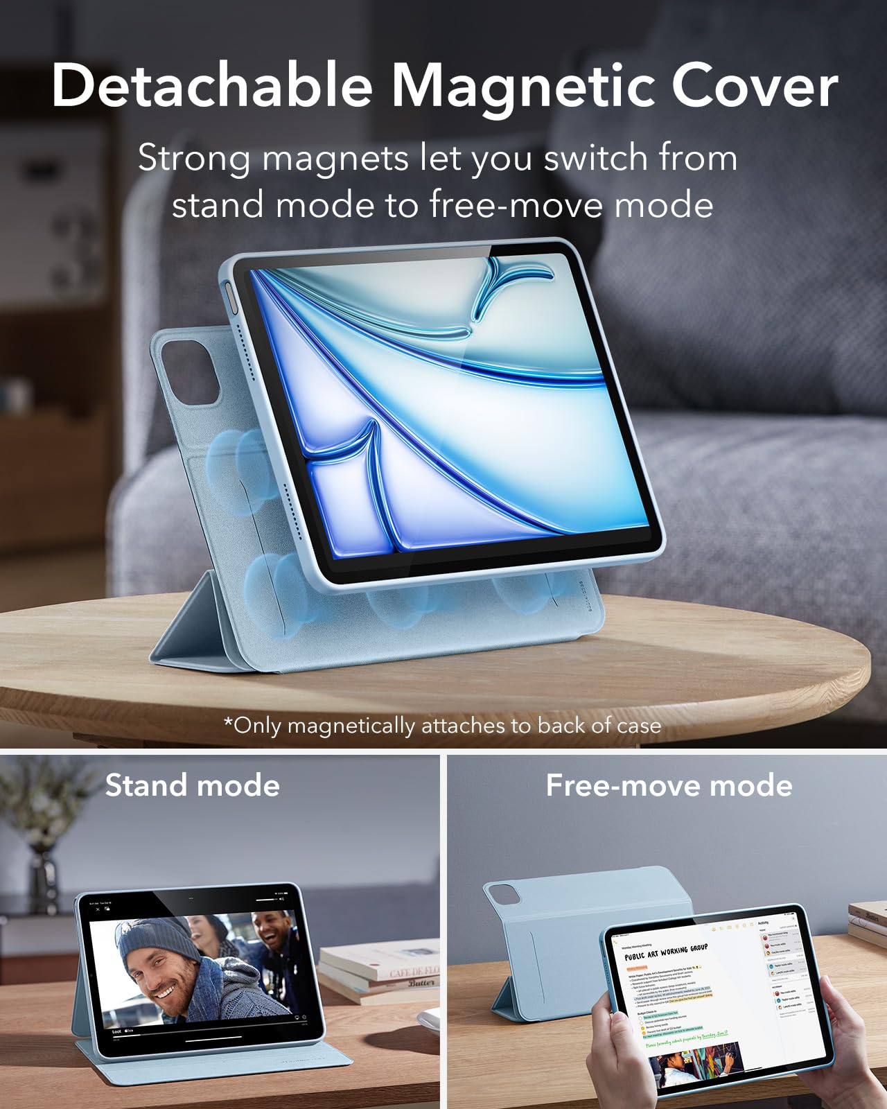 ESR for iPad Air 11 Inch Case M3/M2, iPad Air 7th/6th/5th/4th Generation Case (2025/2024/2022/2020) 10.9 Inch with Pencil Holder, Removable Magnetic Cover, Vertical Stand, Rebound 360 Series, Sky Blue