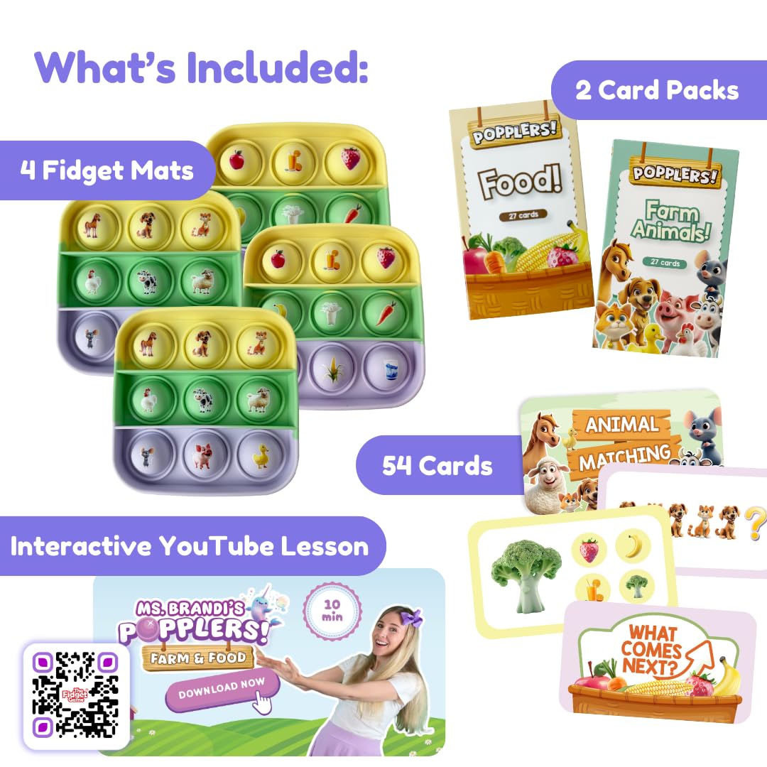 THE FIDGET GAME Popplers, Toddlers Early Learning & Educational Fidget Toy, Food & Farm Animals Popping Games, Teacher Must Have for Matching, Sound Recognition and First Words, 6 Mini-Games Included