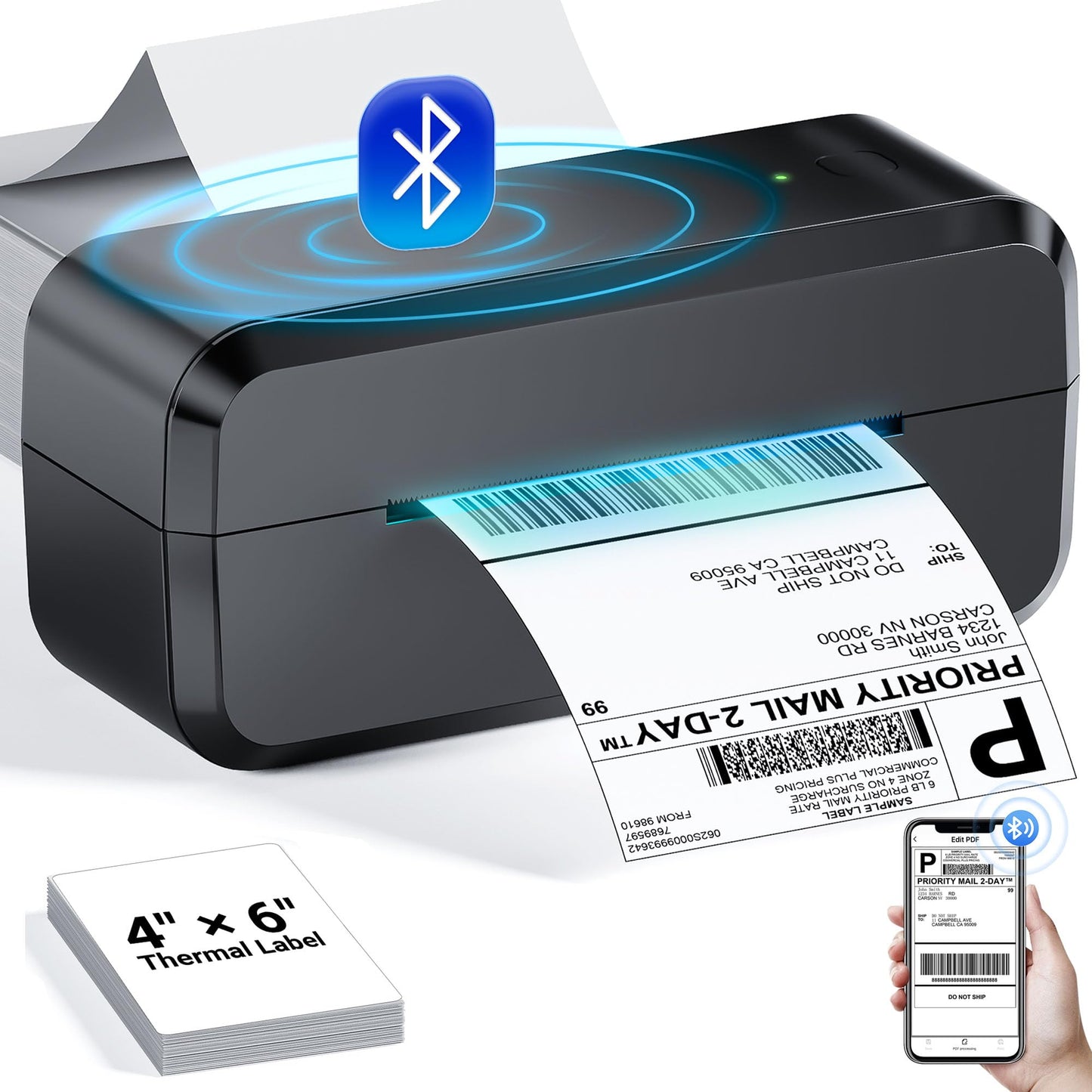 Bluetooth Thermal Shipping Label Printer, Wireless 4x6 Label Printer for Shipping Packages & Small Business, Compatible with Android, iOS, Windows and Mac, Widely Used for Ebay, Amazon, Shopify, Etsy