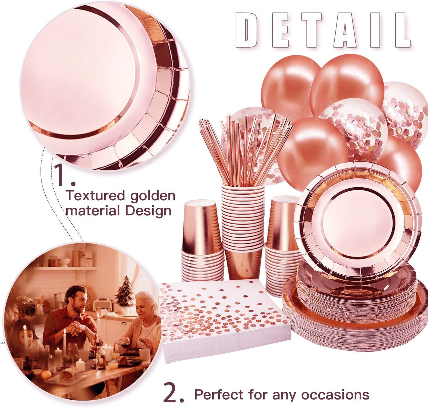 310PCS Rose Gold Party Supplies - Disposable Paper Plates Dinnerware Set Rose Gold Dots 50 Dinner Plates 50 Dessert Plates 50 Cups 50 Napkins 50 Straws 60 Balloons Birthday Party Wedding Holiday