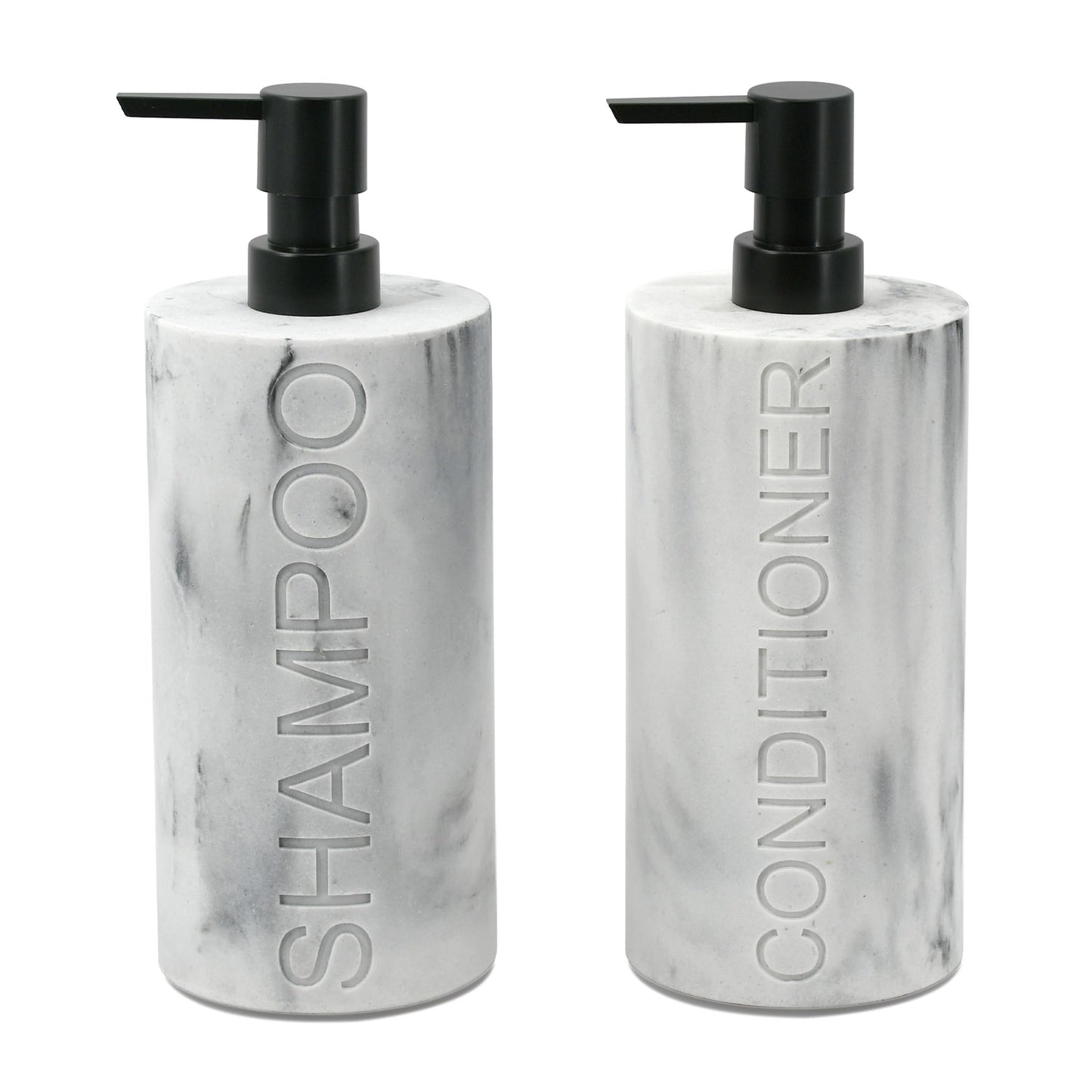 Indecor Home Marble Resin 2 Piece Shampoo and Conditioner Dispenser Set, Luxurious Refillable Pump Bottles with Matte Pump Top and Embossed Text, Durable Design for Bathroom and Shower