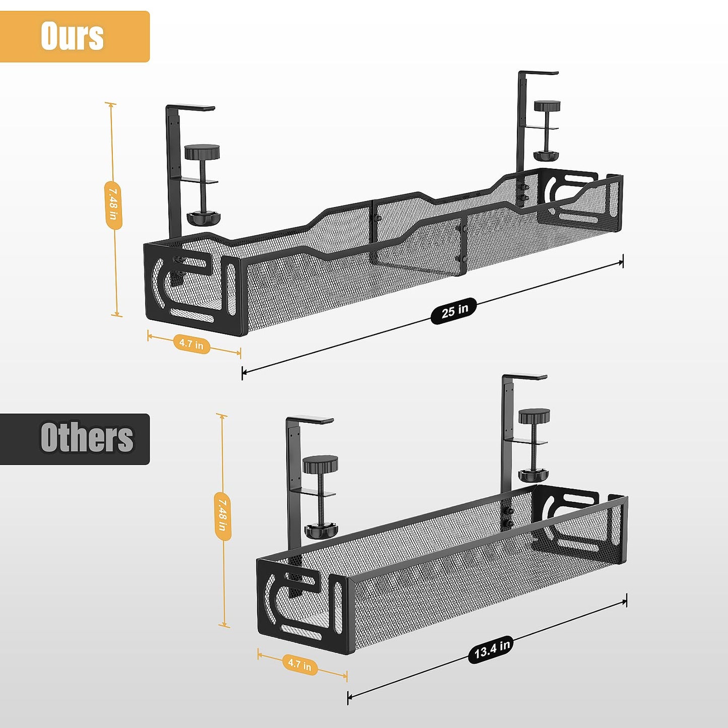 Extended Length Under Desk Cable Management Tray No Drill, Metal Mesh Cable Tray with Clamp for Desk Wire Management, Desk Cable Management Box and Cord Organizer for Office, Home