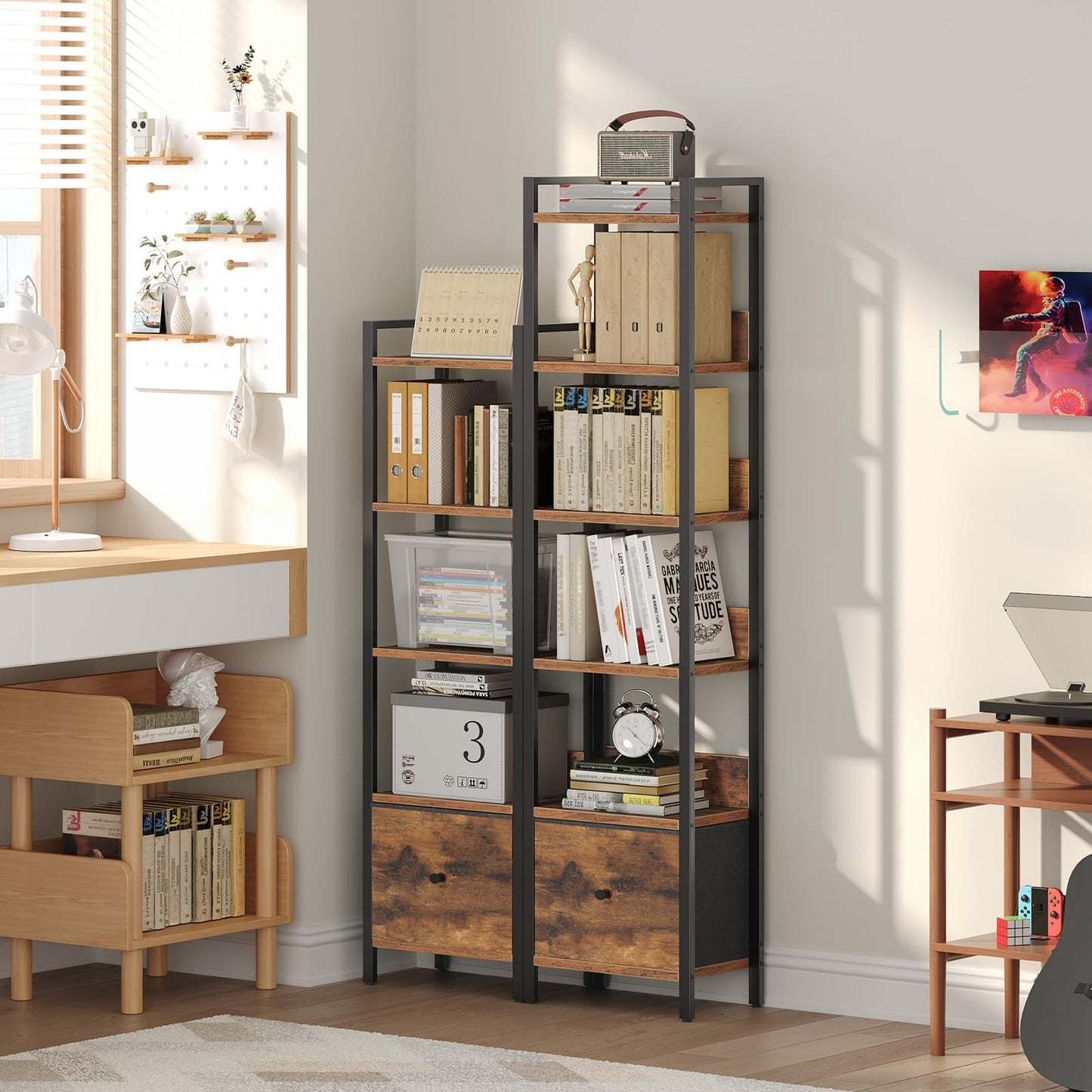 MAHANCRIS Bookshelf, 6 Tier Tall Narrow Bookcase with Drawer, Industrial Shelf Storage Organizer, Display Shelving Unit for Living Room, Home Office, Study, Rustic Brown and Black BKHR66101