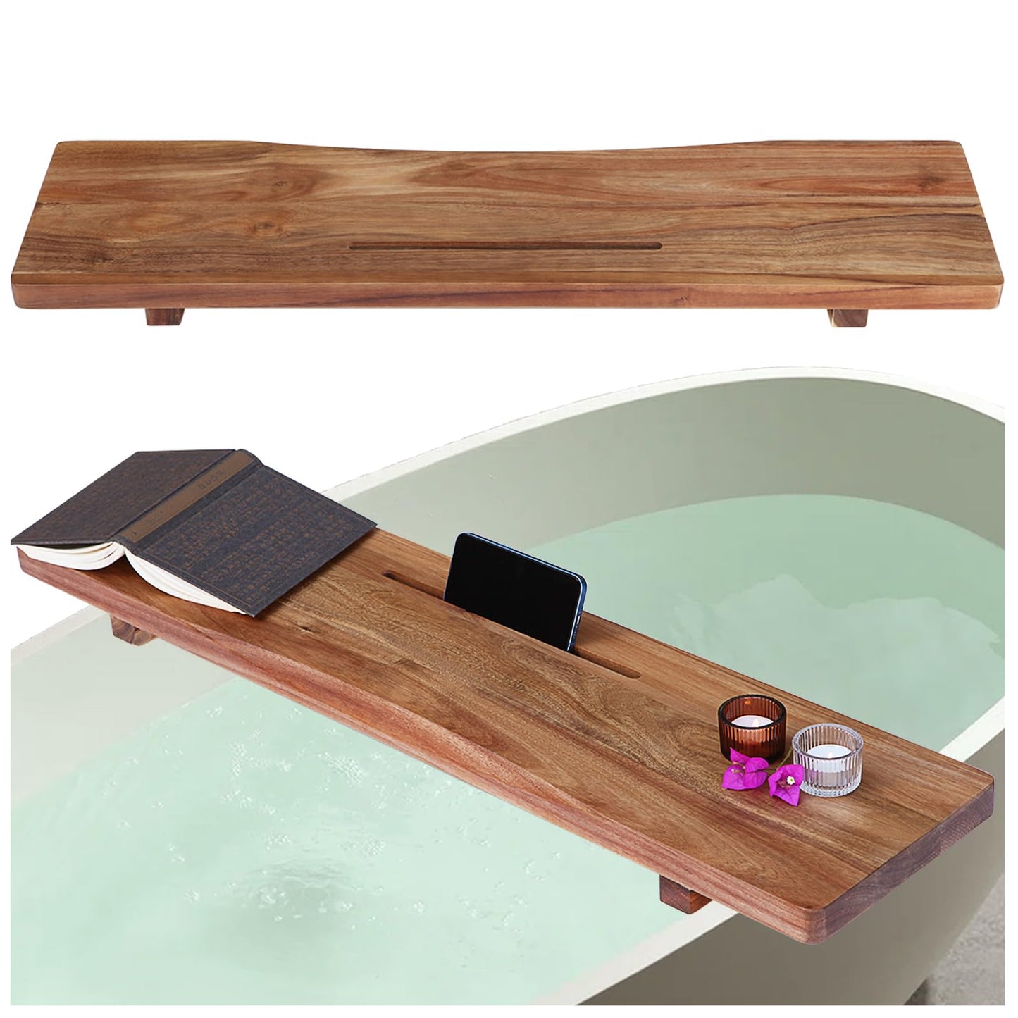Premium Acacia Wood Bathtub Tray Caddy with Adjustable Legs, Minimalistic Design Bath Tray for Tub, Bathtub Accessories, Fit Standard Bath Tubs, Gift Idea for Women