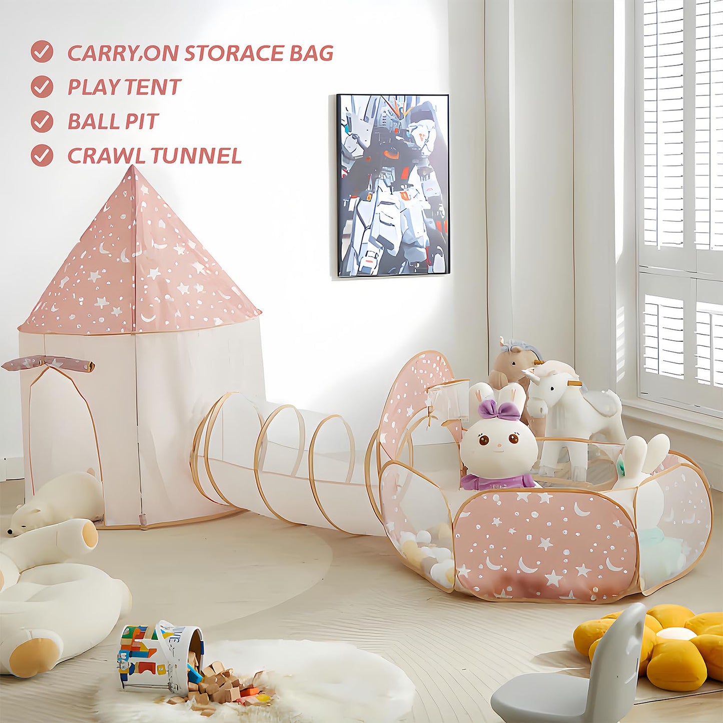 3 in 1 Kids Play Tent with Tunnel, Pop Up Play Tent with Ball Pits for Toddlers and Playhouse Kids Indoor & Outdoor, Perfect Kid’s Gifts