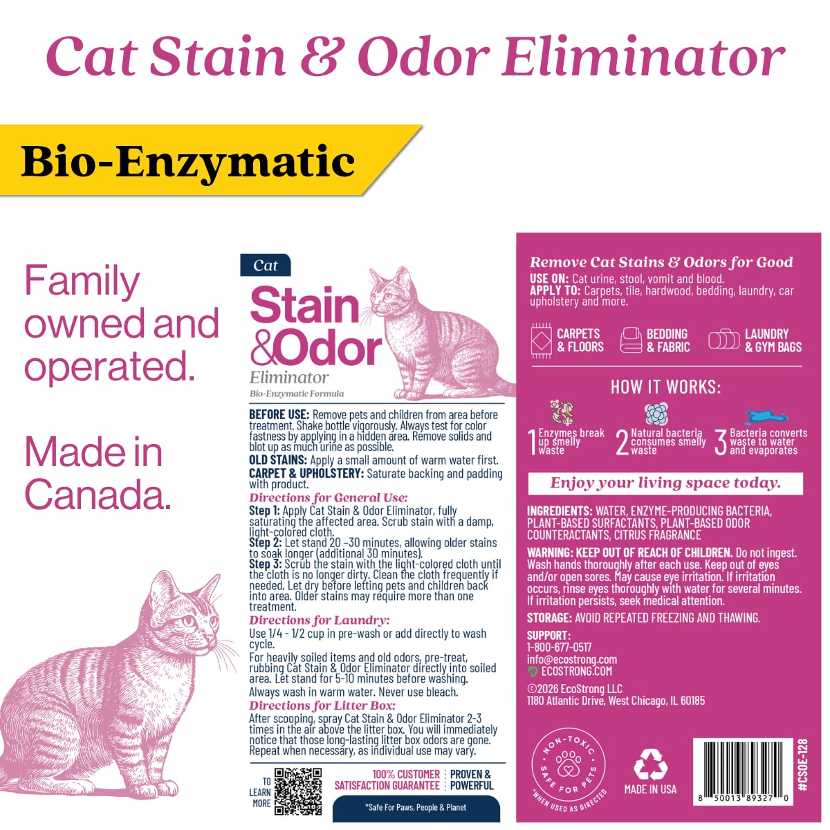 Cat Stain And Odor Remover | Enzyme Urine Odor Neutralizer - Stain Remover for Carpet, Litter Boxes, Bedding, and Laundry [Citrus Scent, 128 Oz]