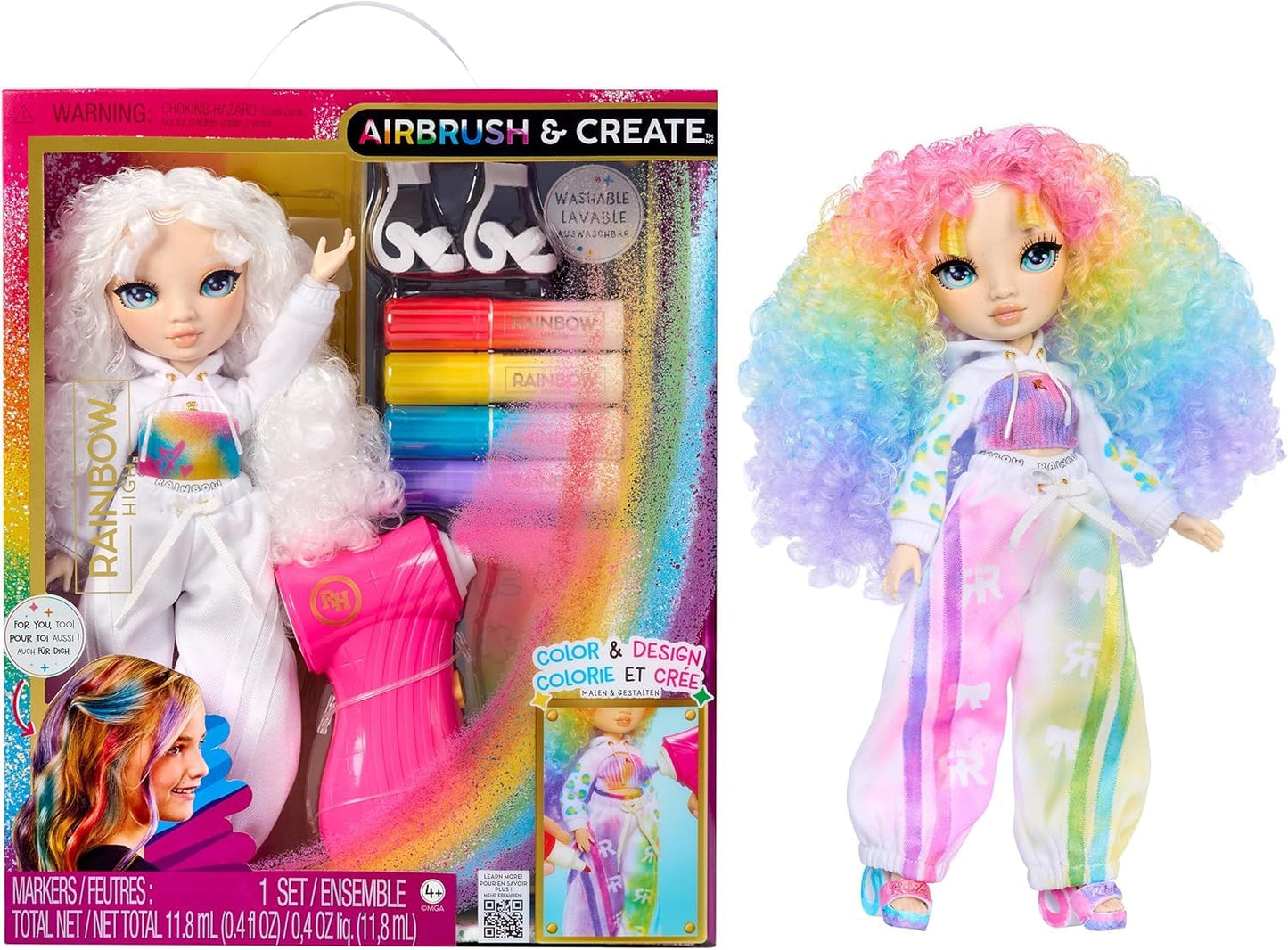 Rainbow High Air Brush & Create DIY Fashion Doll with Airbrush Marker Kit, Washable Rainbow Markers, Long Hair, Green Eyes, Color, Create, Play, Rinse and Repeat. Creative 4-12+