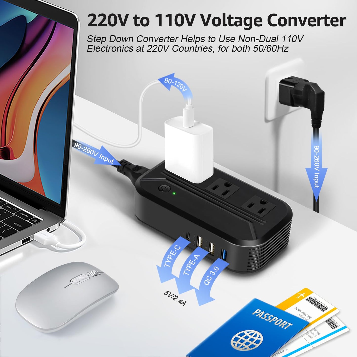 Voltage Converter 220 to 110v 2300W Universal Power Converter with 4 USB Ports, Universal Travel Adapter Canada to Europe, UK/Asia/Italy/India/Australia/South Africa (Black)