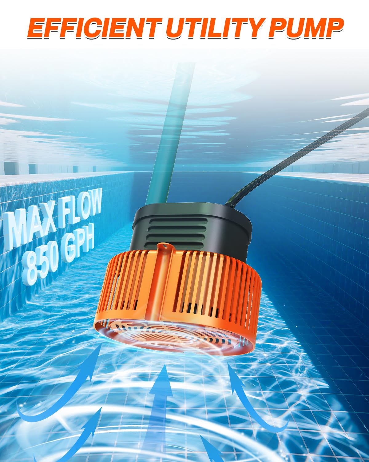 AgiiMan Pool Cover Pump Above Ground - Submersible Swimming Sump Inground Pump, Water Removal with 16' Drainage Hose and 25 Feet Power Cord, 850 GPH, 3 Adapters (Orange)