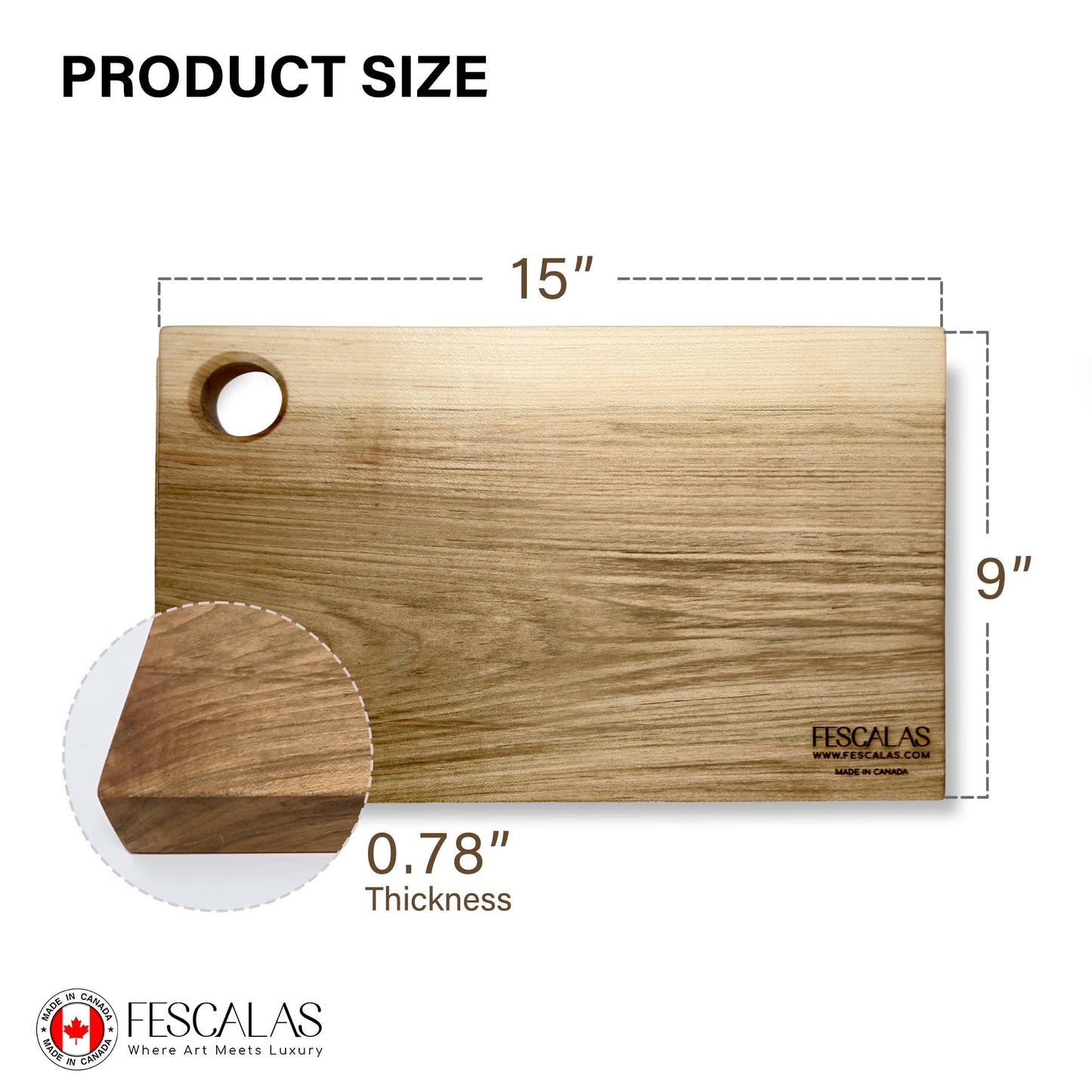 Fescalas Canadian Maple Handmade Cutting Board 15"x9" Butcher Block - Heavy Duty Hardwood Chopping Board for Kitchen - Made in Canada