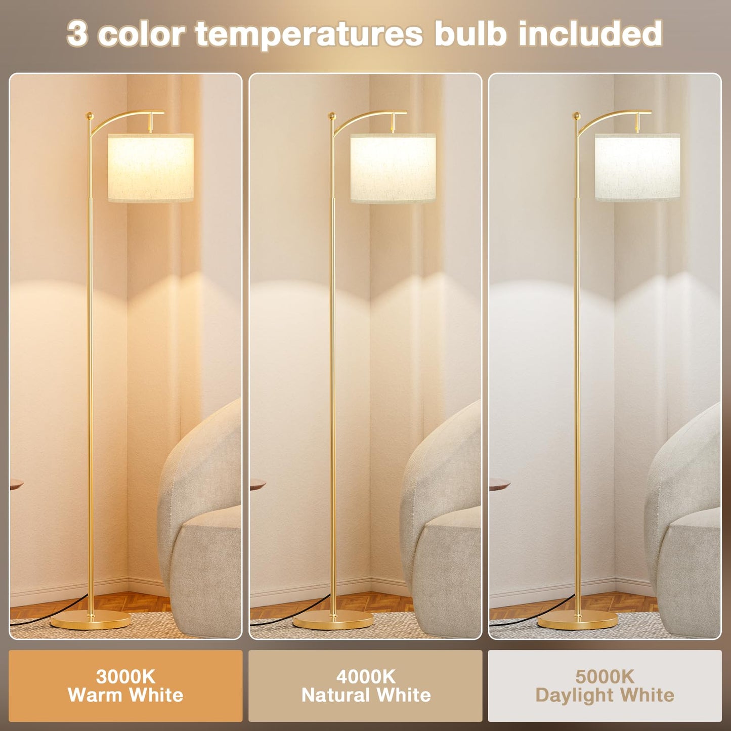 Ambimall 60" Floor Lamp with 3 Color Temperatures LED Bulb, Rotating Lamp Head, Foot Switch, Easy to Install, 9W Bulb Included, Modern Floor Lamp for Living Room, Bedroom, Study Room, Nursery (Gold)