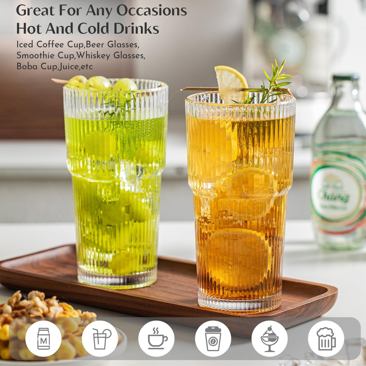 20oz Ribbed Glass Tumbler Set of 4 – Large Capacity Drinking Glasses for Iced Coffee, Water, Juice, and Cocktails – Elegant Modern Glassware for Everyday Use and Special Occasions