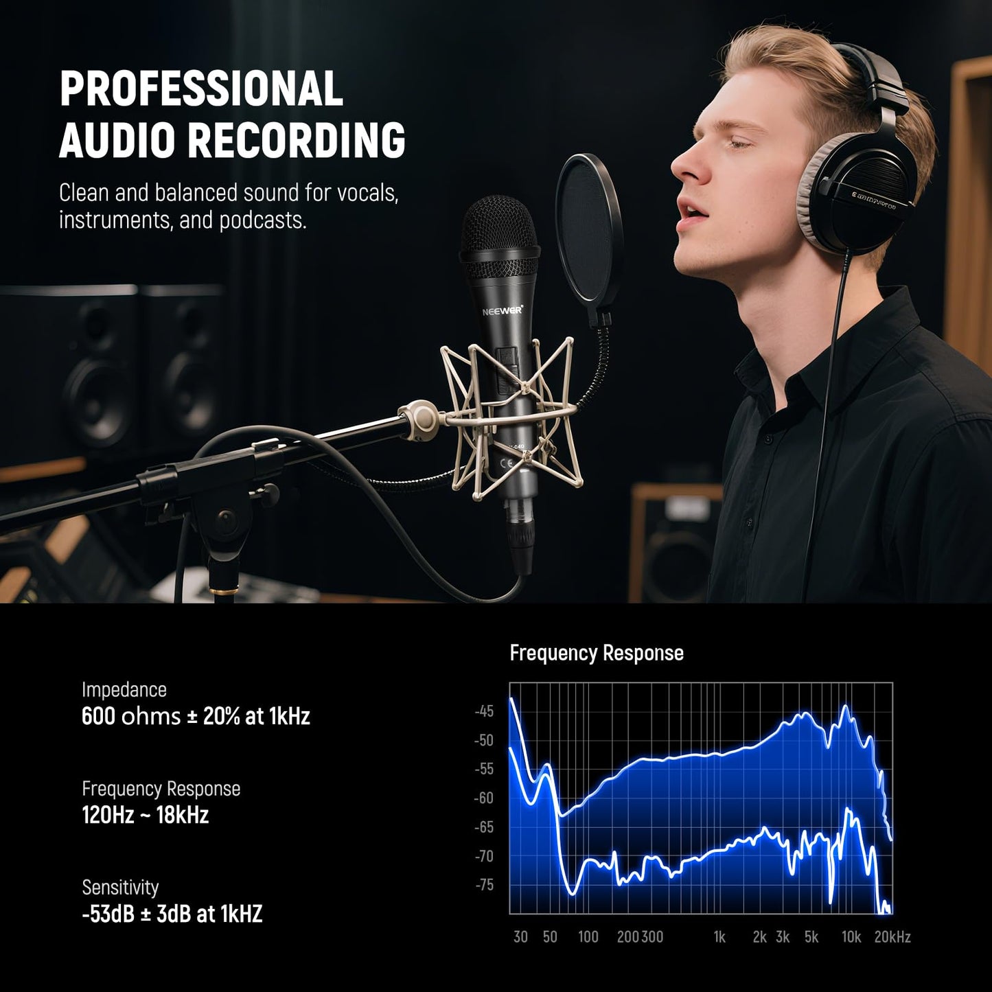 Neewer Cardioid Dynamic Microphone with XLR Male to XLR Female Cable, Rigid Metal Construction for Professional Musical Instrument Pickup, Vocals, Broadcasting, Speech, Black (NW-040)