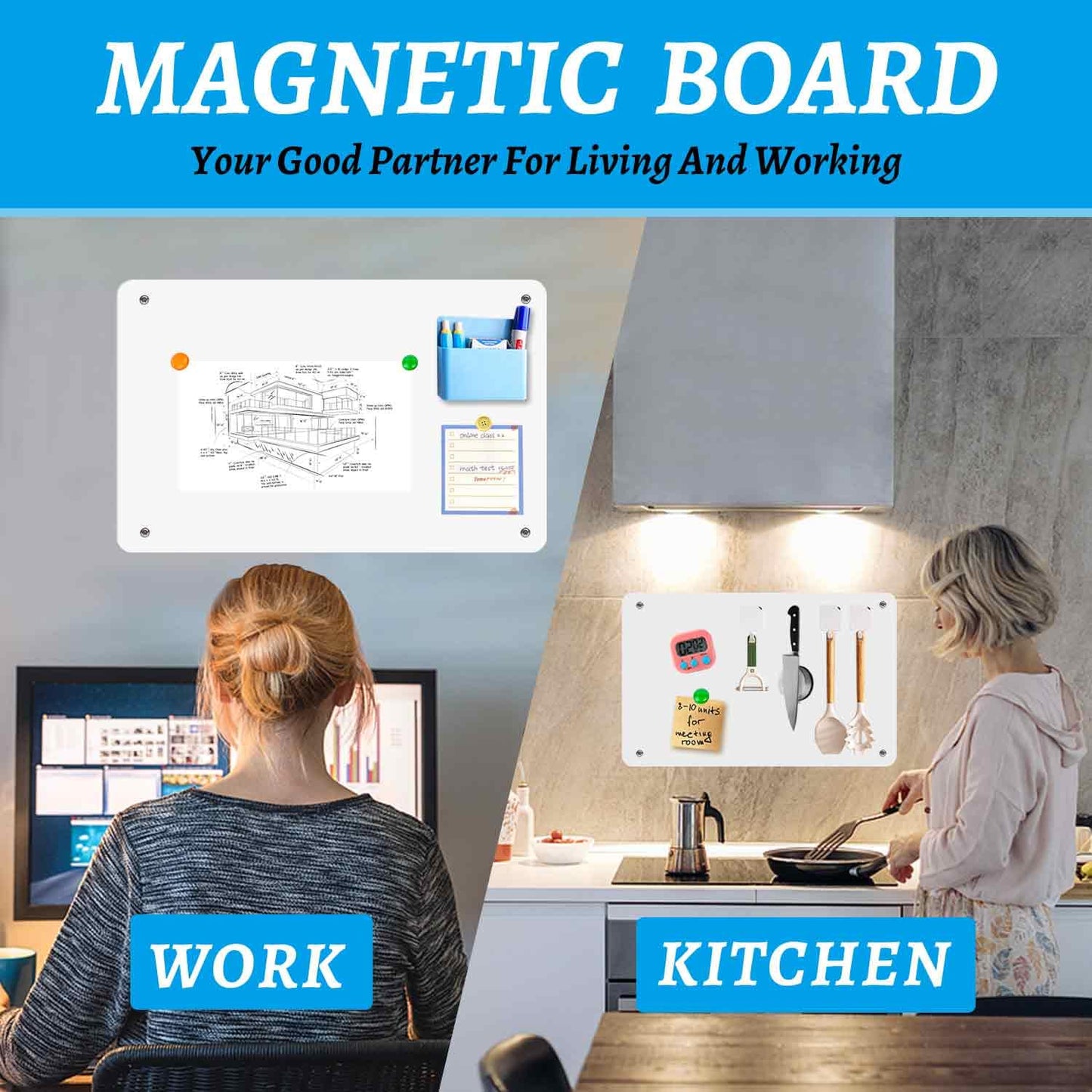 HAOIVE Magnetic Board 17.5" X 11.7" Magnet Board for Wall Stainless Steel Metal Magnetic Board for Wall for Magnet Display Photos Office Supplies Kitchen Stuff Bulletin Board Vision Board(White 2PC)