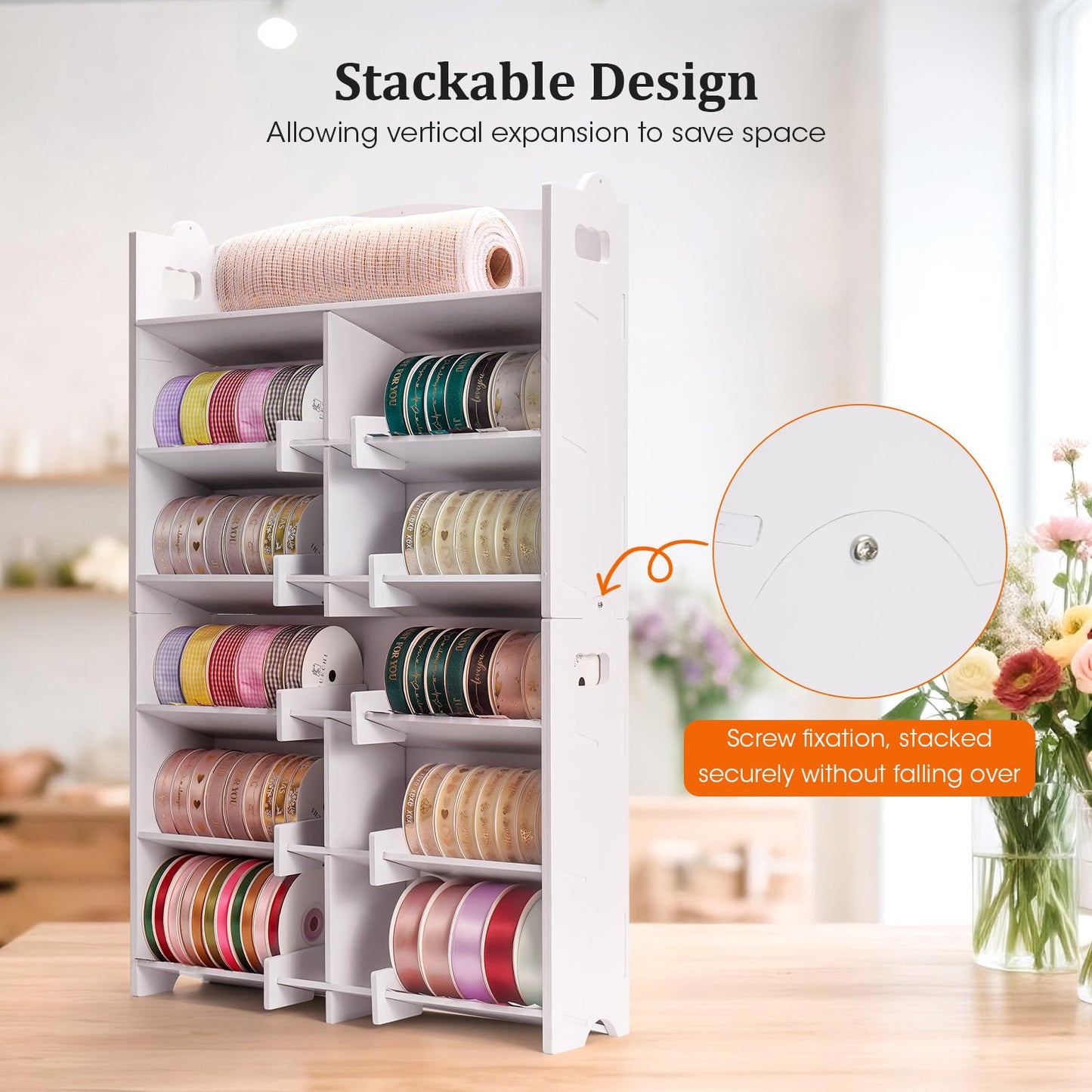 Krafetto Stackable Small Roll Ribbon Storage Organizer Rack, Wall-Mountable Ribbon Holder Rack for Craft Room, Desktop Ribbon Spool Holder for Ribbons up to 4" in Diameter