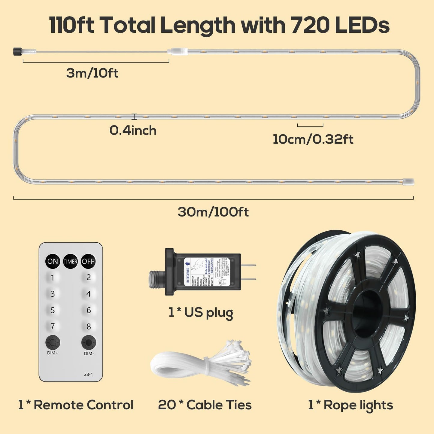 100FT 720 LED Christmas Rope Lights Outdoor Waterproof with Remote, 8 Modes and 4 Brightness, Rope Lights for Outside, Bedroom, Patio, Garden, Indoor Outdoor Decoration (Warm White)