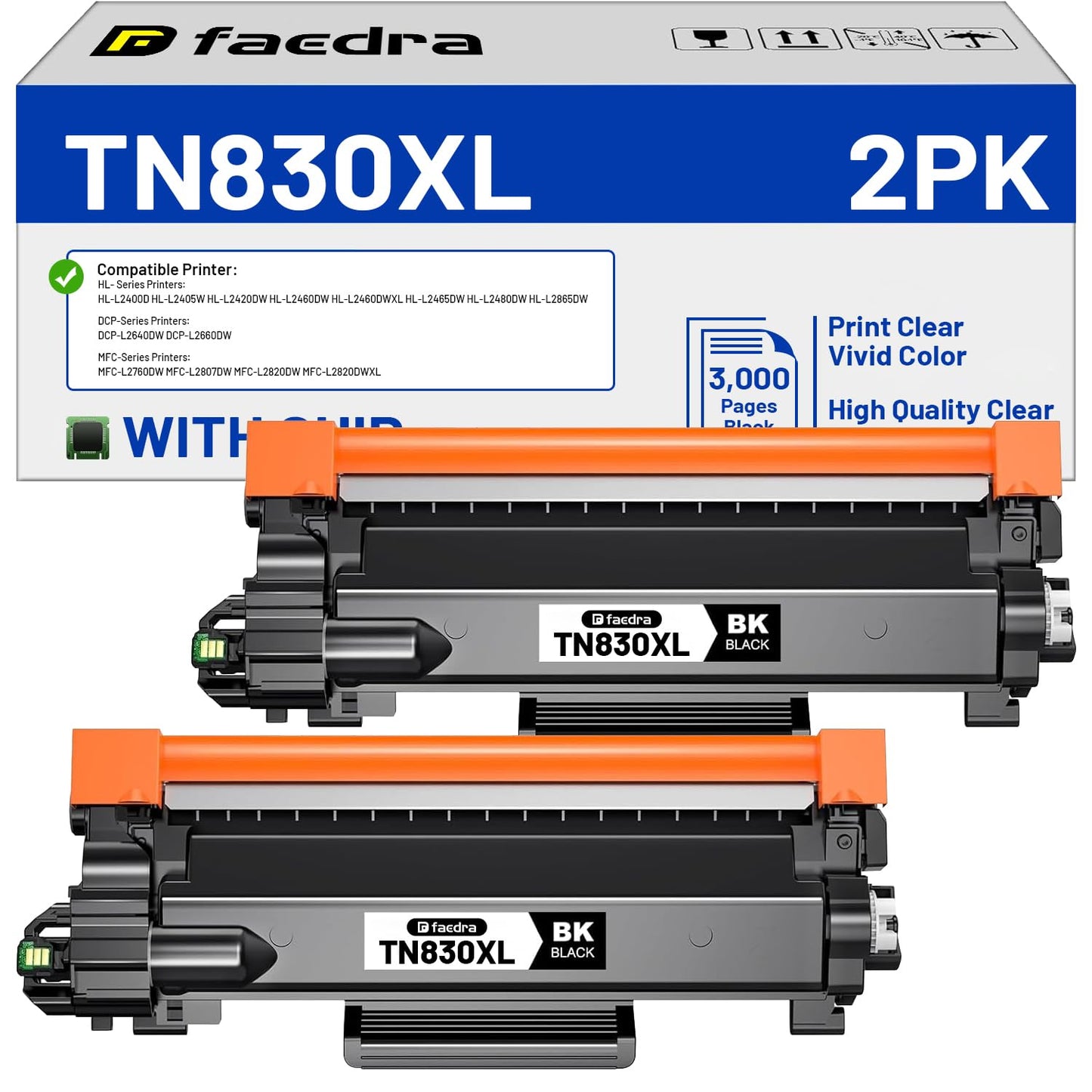 (with Chip) TN830XL Toner Cartridge Compatible Replacement for Brother TN830XL TN830 XL Toner Cartridges for Brother DCP-L2640DW HL-L2460DW MFC-L2820DW HL-L2400D HL-L2405W HL-L2865DW Toner (2 Black)