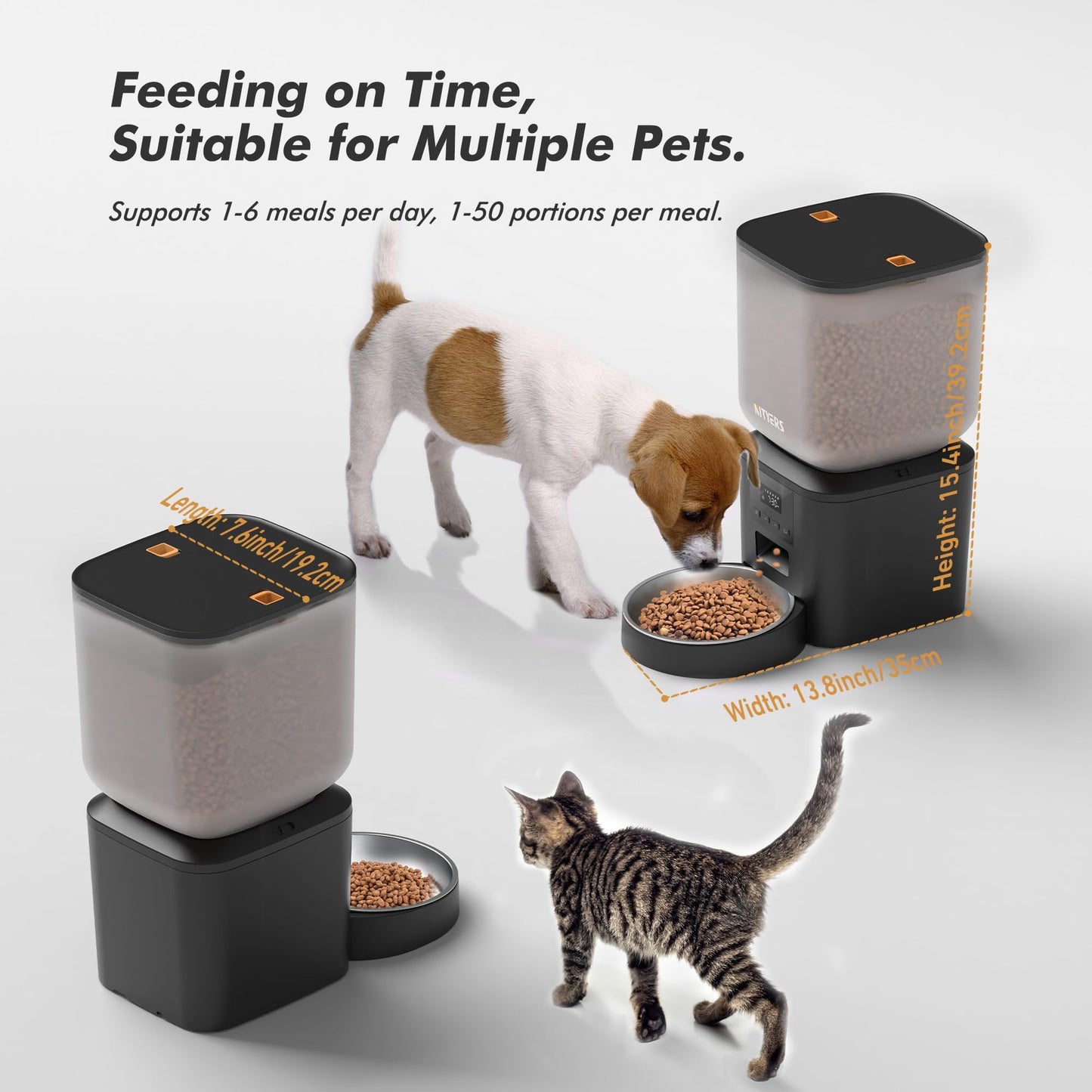 Automatic Cat Feeder - 8L/34 Cups Automatic Dog Feeder Timed Food Dispenser, Up to 50 Portions 6 Meals Per Day, Large Stainless Steel Food Bowl, Dual Power Supply (Black, One Bowl-Standard)