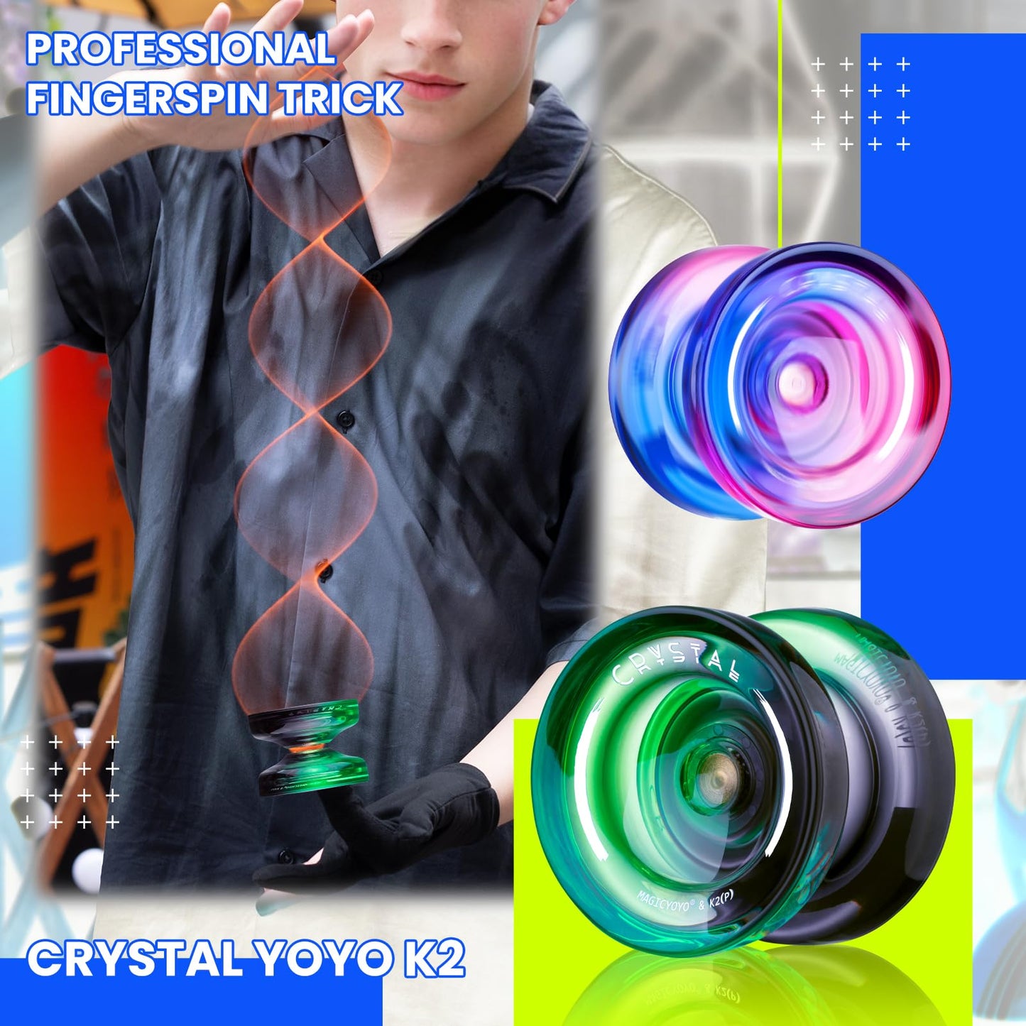 MAGICYOYO K2 Professional Yoyo Set - 2 Pack Dual Mode (Responsive/Unresponsive) with 12 Strings, Bearing Tool & Case - Best for Kids/Beginners (Crystal Gradient)