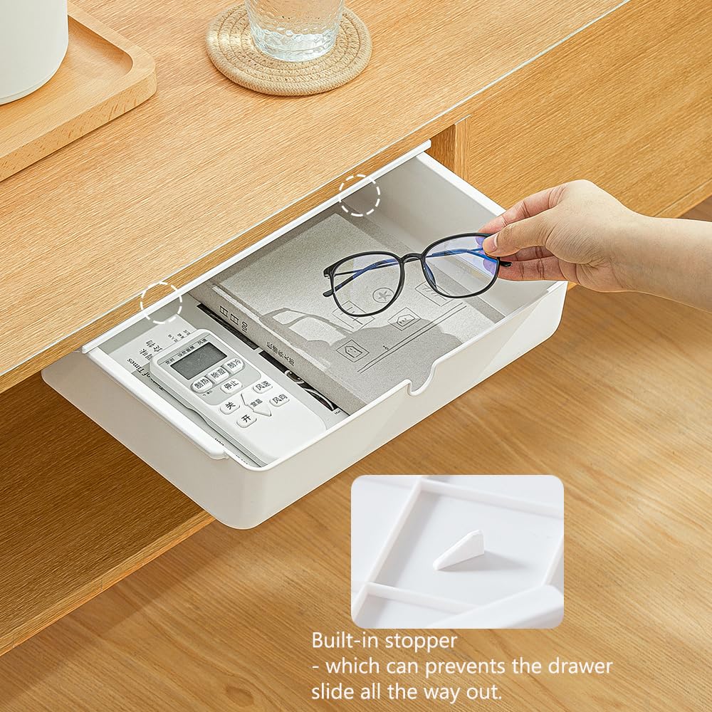 Poeland Under Desk Drawer Self-Stick Storage Organizer for Office Home School Large Size White 2 Pack, A0441-L-2