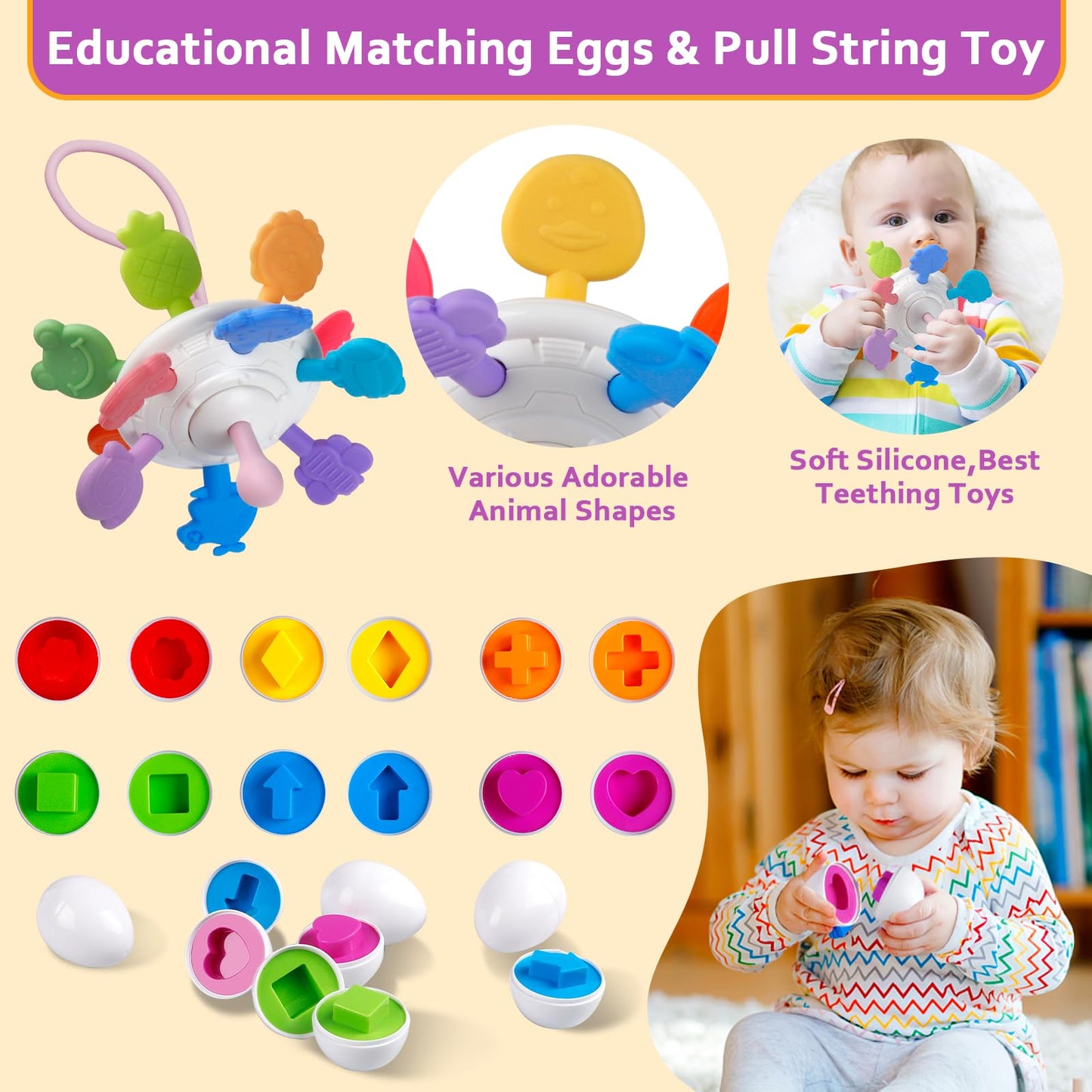 6 in 1 Montessori Toy for Baby 6-12-18 Months, Soft Stacking Building Blocks Infant Baby Teething & Sensory Toys for Toddlers 1-3 Year Old Boy Girl Gift