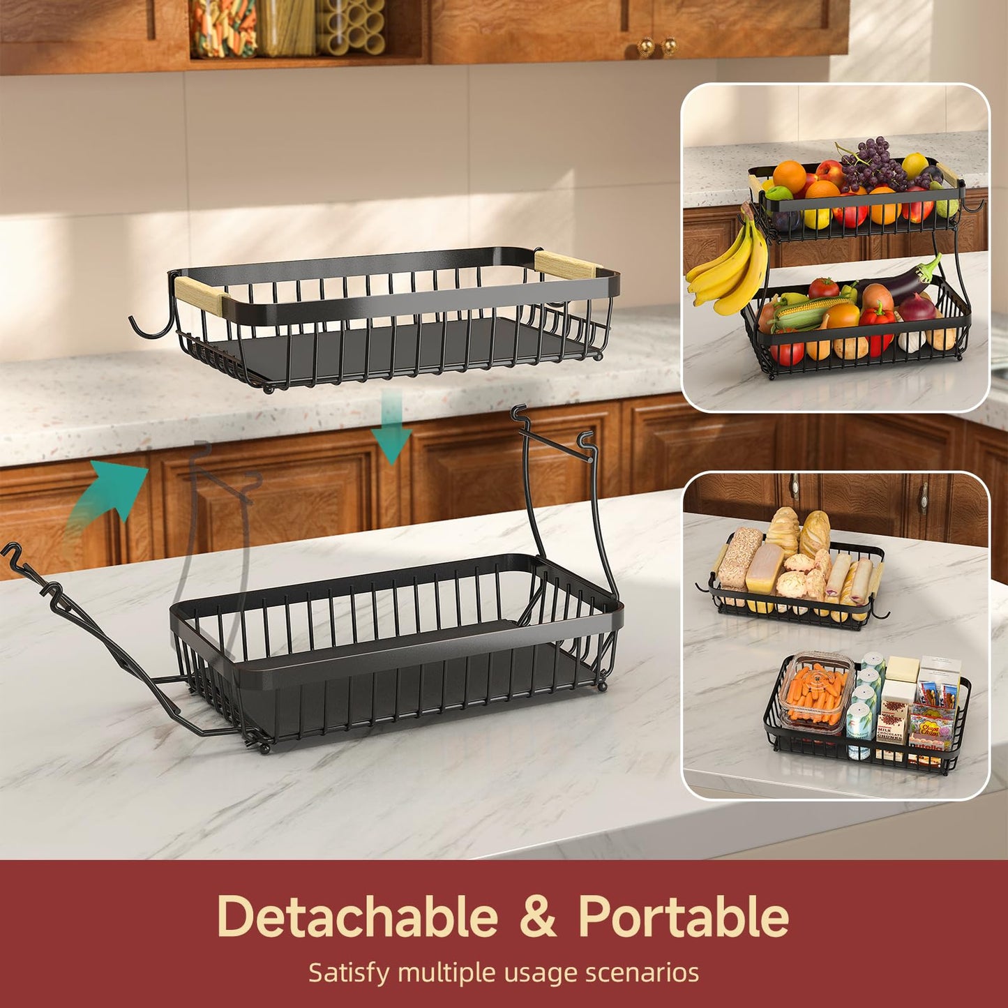 Sevenblue 2 Tier Fruit Basket for Kitchen Counter with 2 Banana Hangers, 2026 Pro Detachable Metal Fruit Bowl with Wooden Handle,Fruit Holder for Bread Snack Veggies, Black Extra Large