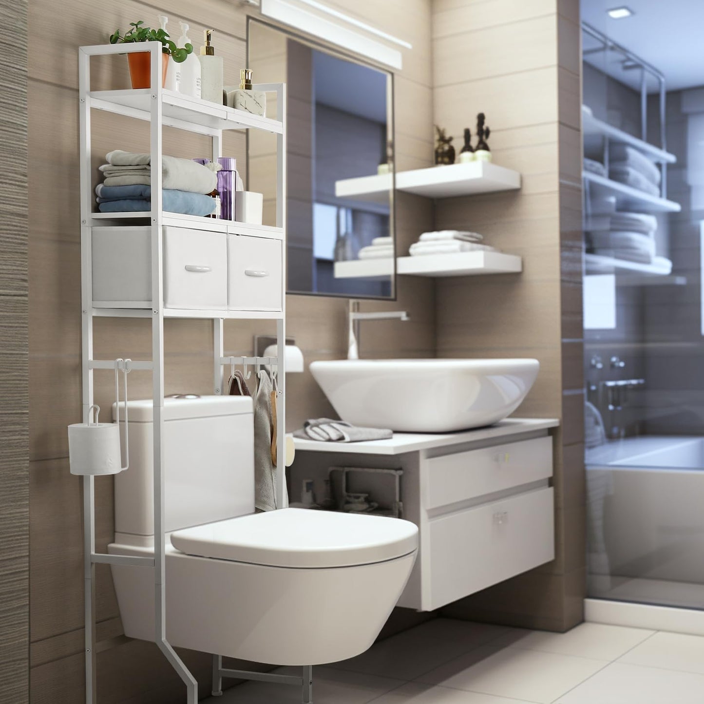 3-Tier Over The Toilet Storage Cabinet with Fabric Drawers Toilet Shelf Organizer with 4 Hooks Freestanding Bathroom Space Saver White