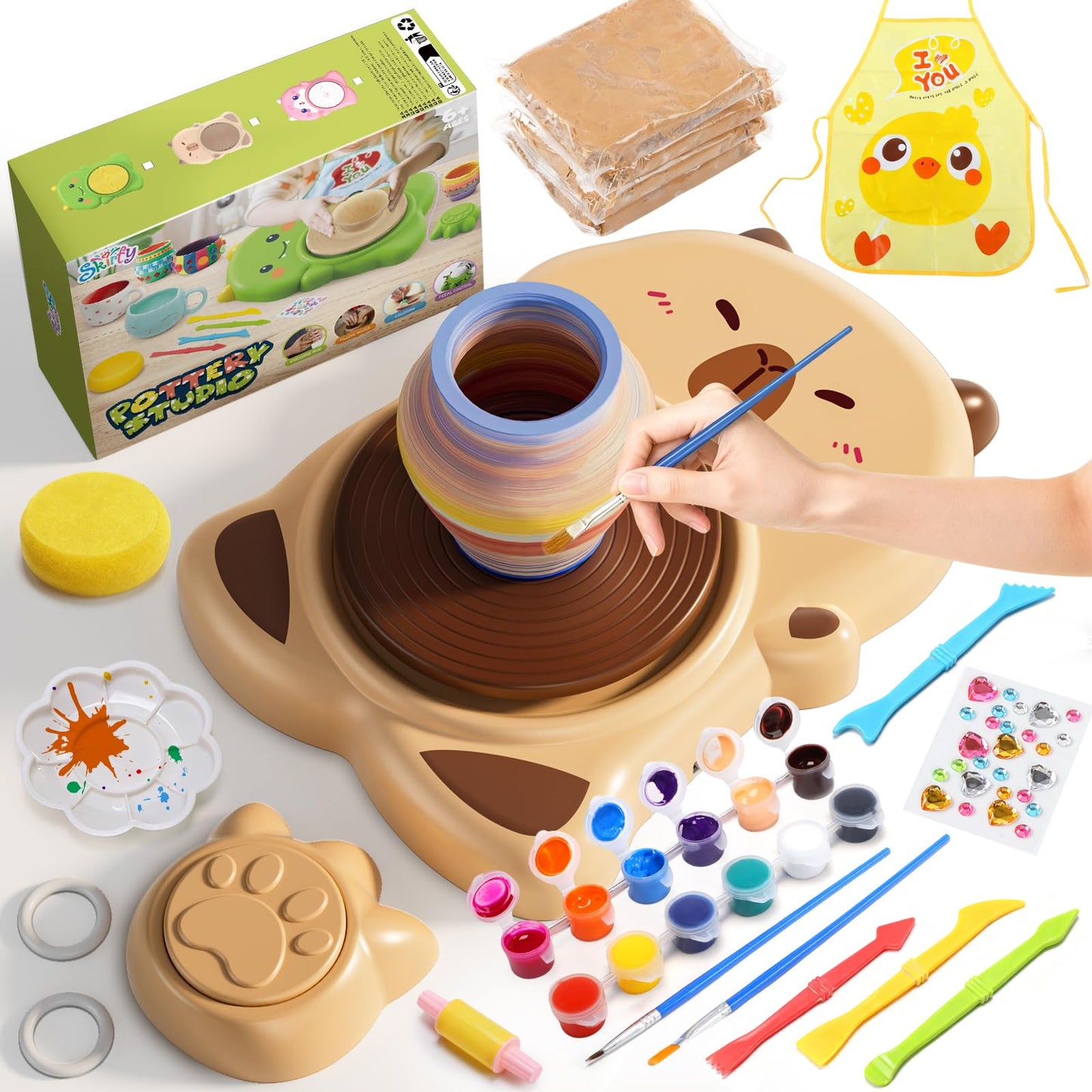 Skirfy Mini Pottery Wheel Machine Kit for Beginners Kids with Light,Electric Ceramic Wheel with Foot Pedal&Painting Kit, Adjustable Speed,Clay Spinner DIY Tools for Art Craft Birthday (Brown)