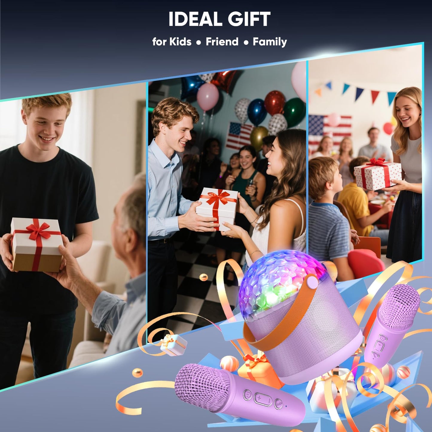 Exssary Karaoke Machine with Disco LED Lights for Kids Adults, Toys Birthday Gifts for Girls 3 4 5 6 7 8-12 Years Old Portable Speaker with 2 Bluetooth Microphone Family Home Party
