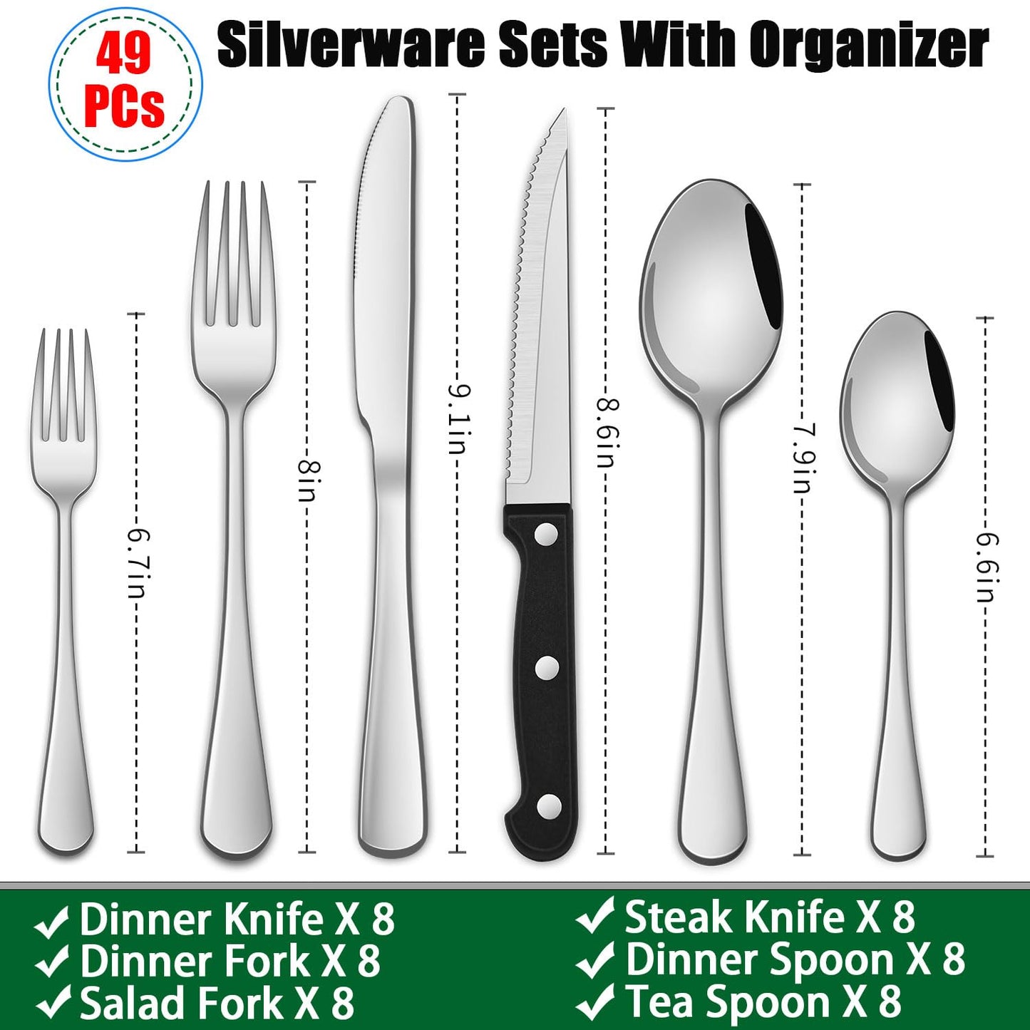 49 Pieces Silverware Sets with Organizer and Steak Knives,Stainless Steel Flatware Sets Service for 8 Person for Home Kitchen,Tableware Cutlery Sets,Includes Knife Spoon and Forks Sets
