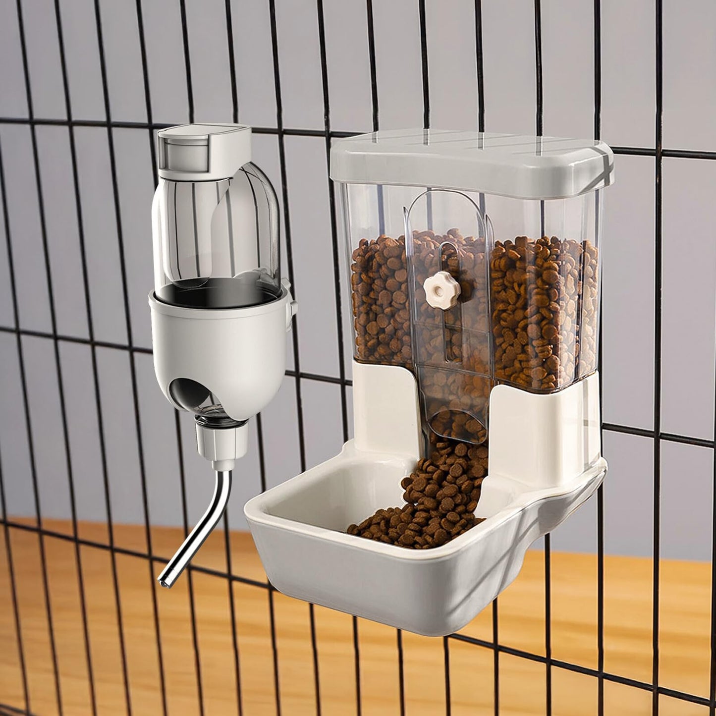 Automatic Pet Food Water Dispenser, Auto Gravity Pet Feeder Water Bottle Set for Crate, Feeding Station for Small Dog Cat Rabbit Guinea Pigs Chinchilla Ferret Hedgehog (Grey)