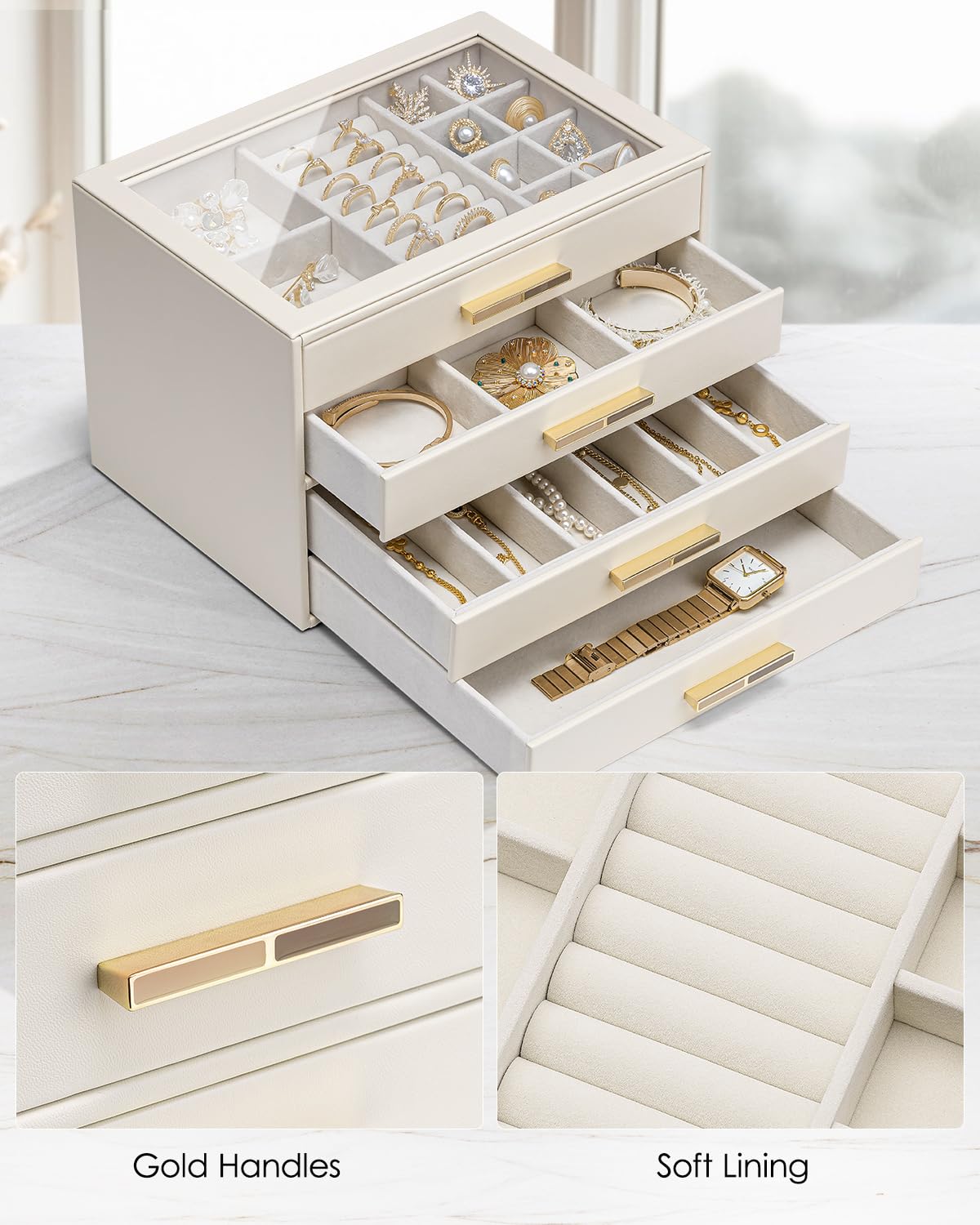 Vlando Jewelry Box with Glass Lid,Jewelry Organizer with 4 Drawers,4-Layer Jewelry Box for Women Girls,Gift for Loved Ones,Beige