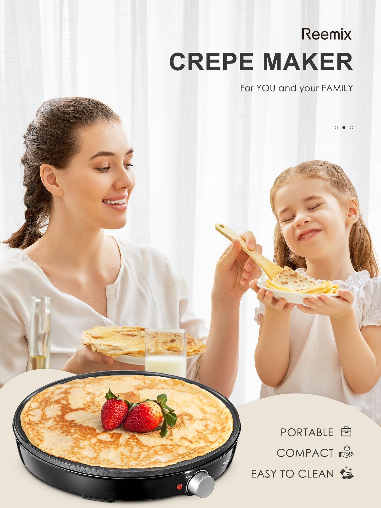 Crepe Maker Machine, Reemix Compact Pancake Griddle Precise Temperature Control, Nonstick 12” Electric Griddle, Batter Spreader for Eggs, Pancakes, Omelets and Quesadillas, Includes Spatula, Spreader
