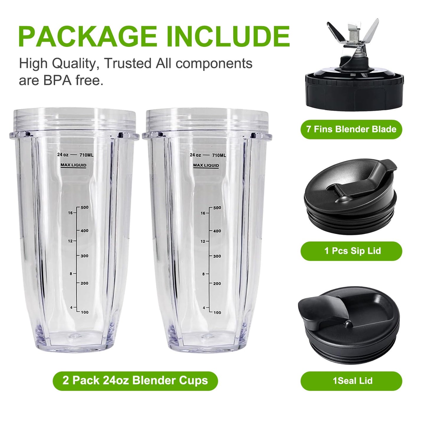 24oz Nutri Ninja Auto IQ Series Blender Cup Replacement - 7 Fins Blade Base & 2 Unbreakable Lids, Compatible with Ninja Auto iQ BL480-30 BL451-30 BL640-30 BN750 CT640C, BPA-Free Tritan