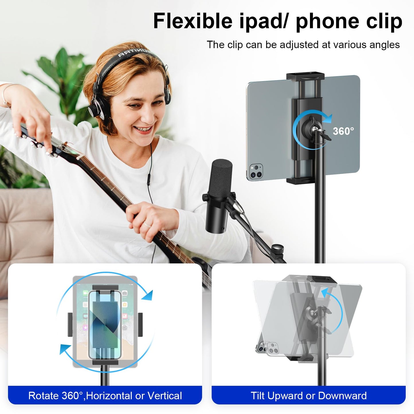 Aokeo Boom Microphone Stand Floor Tripod - Adjustable 42-68 Inch Portable With Tablet Holder and Carrying Bag - Supports Any Microphone Combination