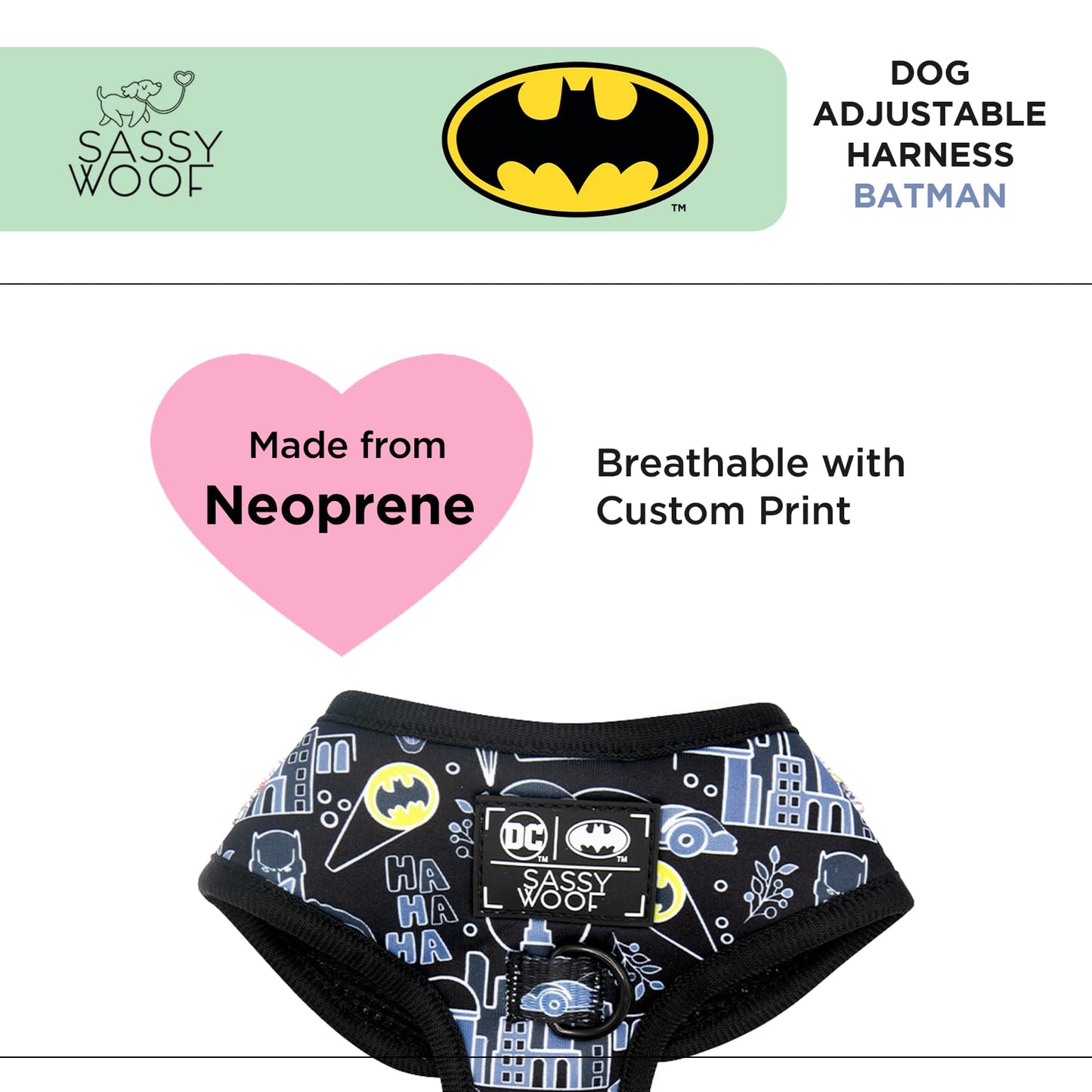 Sassy Woof Dog Adjustable Harness - Batman™ - M, Breathable Mesh, No Pull Design with Two D-Rings, Perfect for Medium Dogs
