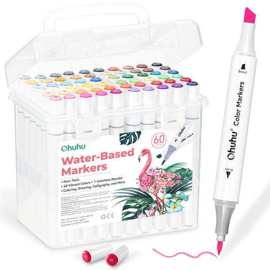 Ohuhu Markers for Adult Coloring Books No Bleeding 60 Colors Water-based Dual Tips Brush & Chisel Colouring Markers for Kids Adults Beginners Drawing Pens for Journaling Lettering