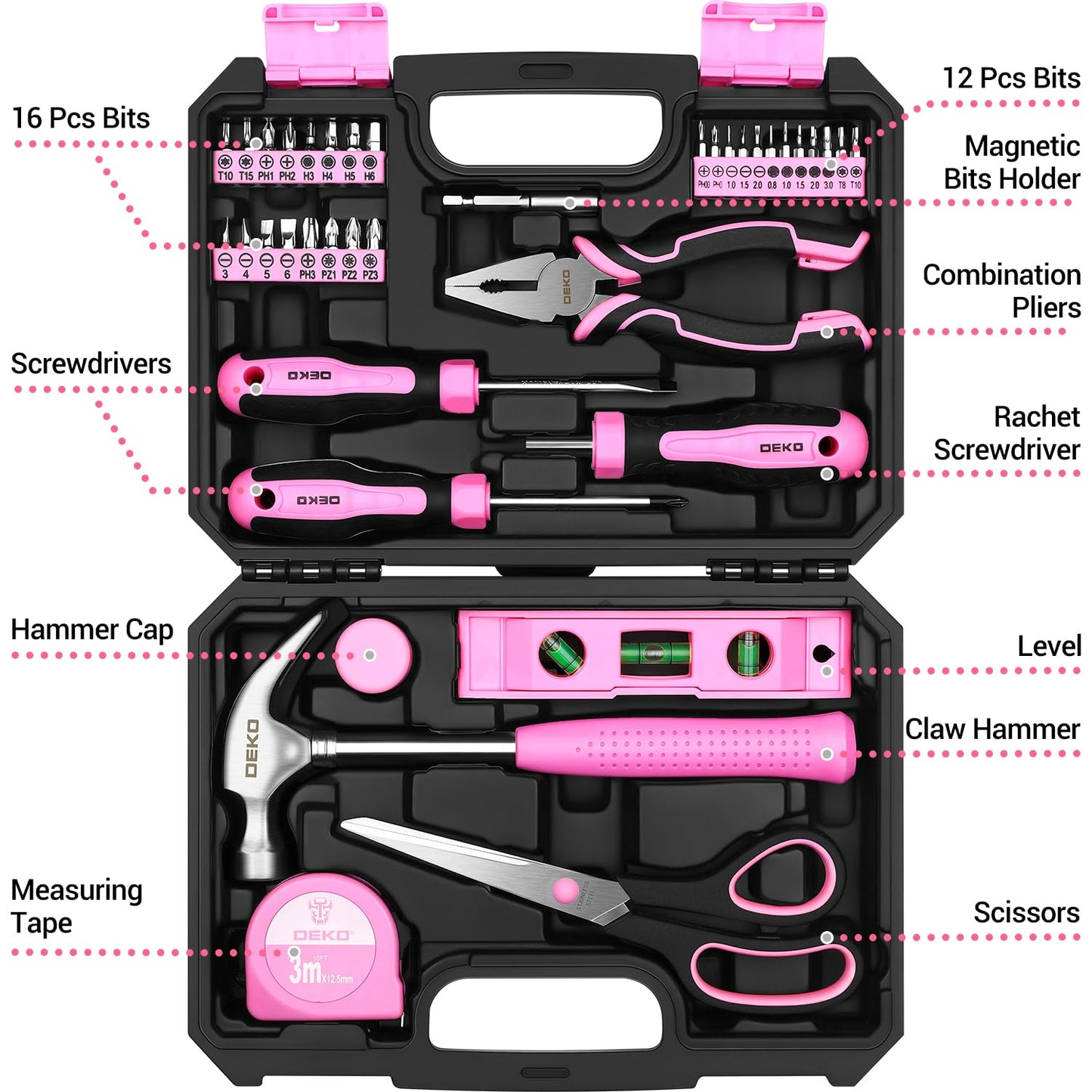 Pink Tool Kit: DEKOPRO Pink Tool Kit: Tool Set for Women Ladies, Home Tool Kit Set, DIY & Tools, Tool Kits for Home, Hand Tool Kits for Women, 42 Pieces