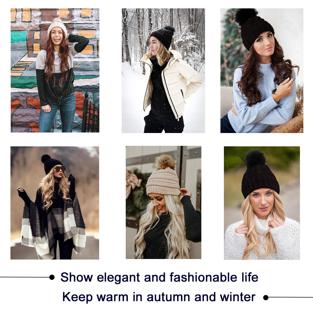 Qlenkay Beanie Hat Knit with Long Wavy Curly Hair Extensions Wig Dismountable Warm Knitted Pom Cap Attached 20inch Synthetic Hairpiece for Women Winter Ash Blonde Mix Bleach Blonde