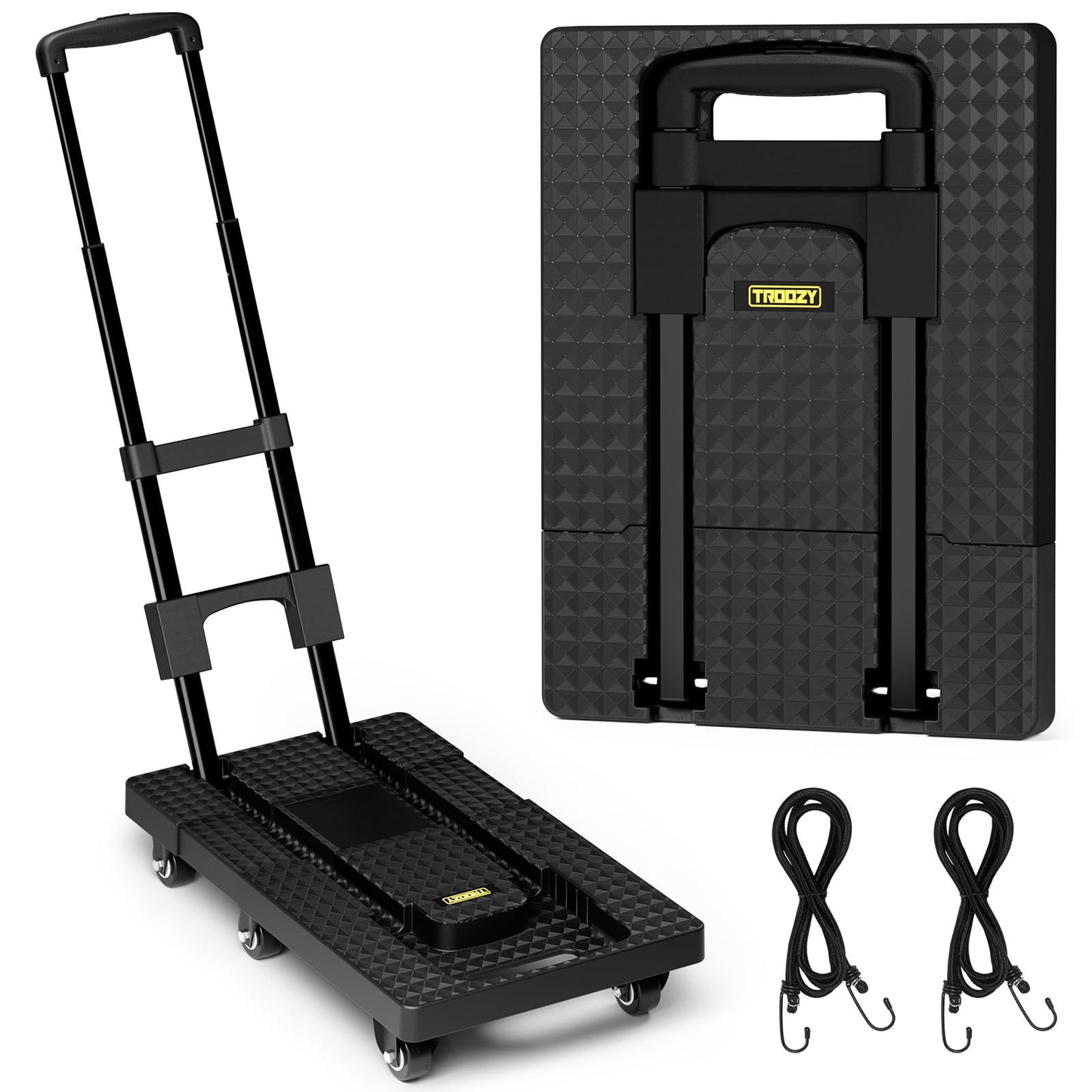 Folding Hand Trucks, Heavy Duty Dolly Cart with 6 Wheels & 2 Elastic Ropes, Foldable & Ideal for Luggage, Travel, Moving, Shopping, Office Use, Hold Up to 500 LB, Easy to Store, Black