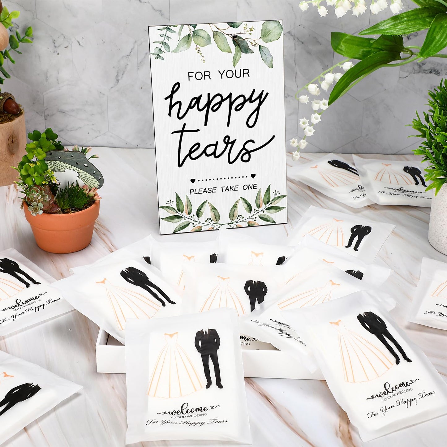 Beeveer Happy Tears Tissue Packs for Wedding 1 Wood Sign 100 Pcs 3 Ply for Your Happy Tears Wedding Tissues for Hotel Guests Party Supplies