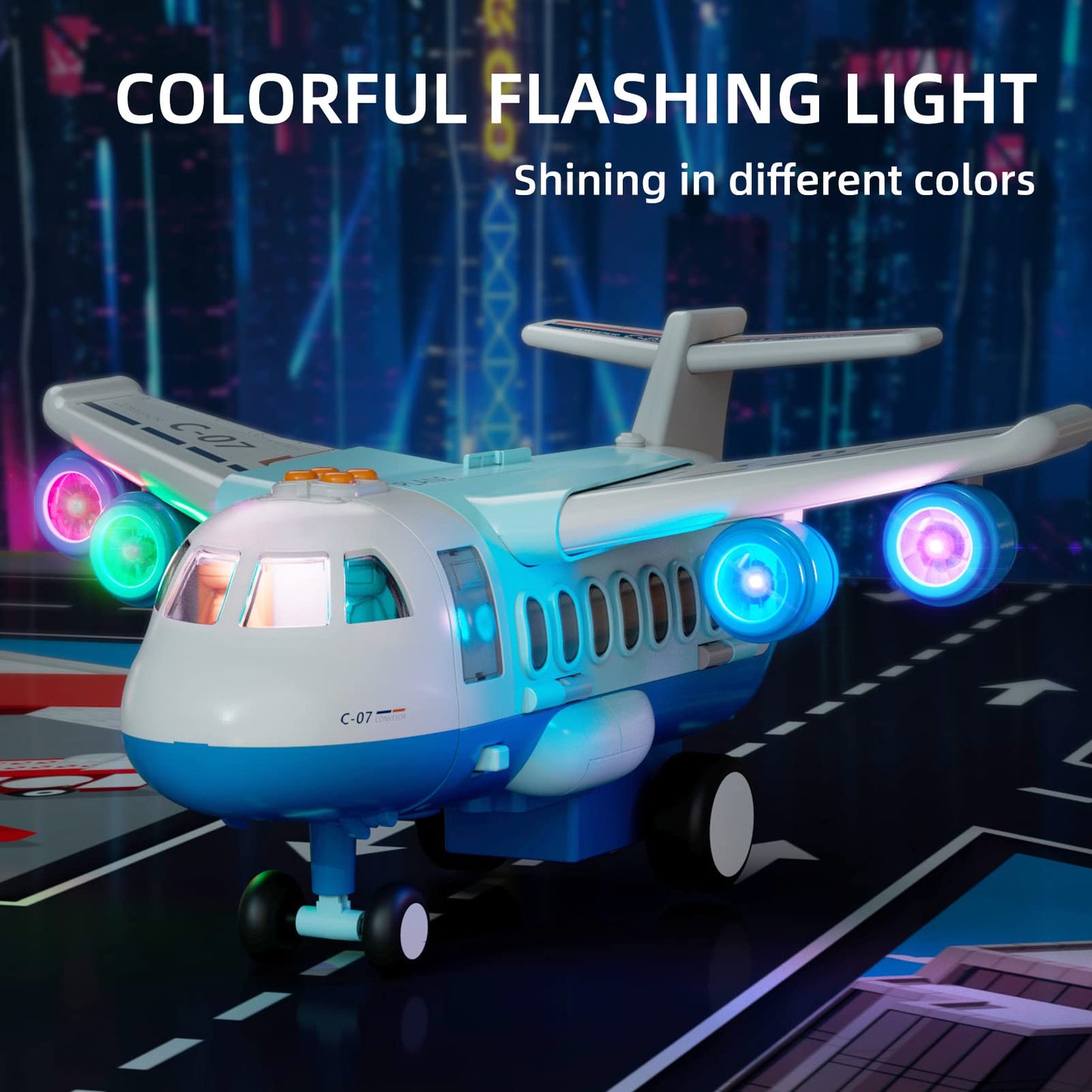 Transport Cargo Airplane, Large Theme Airplane Toy Set,Educational Toy Vehicle Play Set with Smoke, Sound and Light, Fricton Powered Airplane with Mini Cars, Birthday Gift for Boys and Girls
