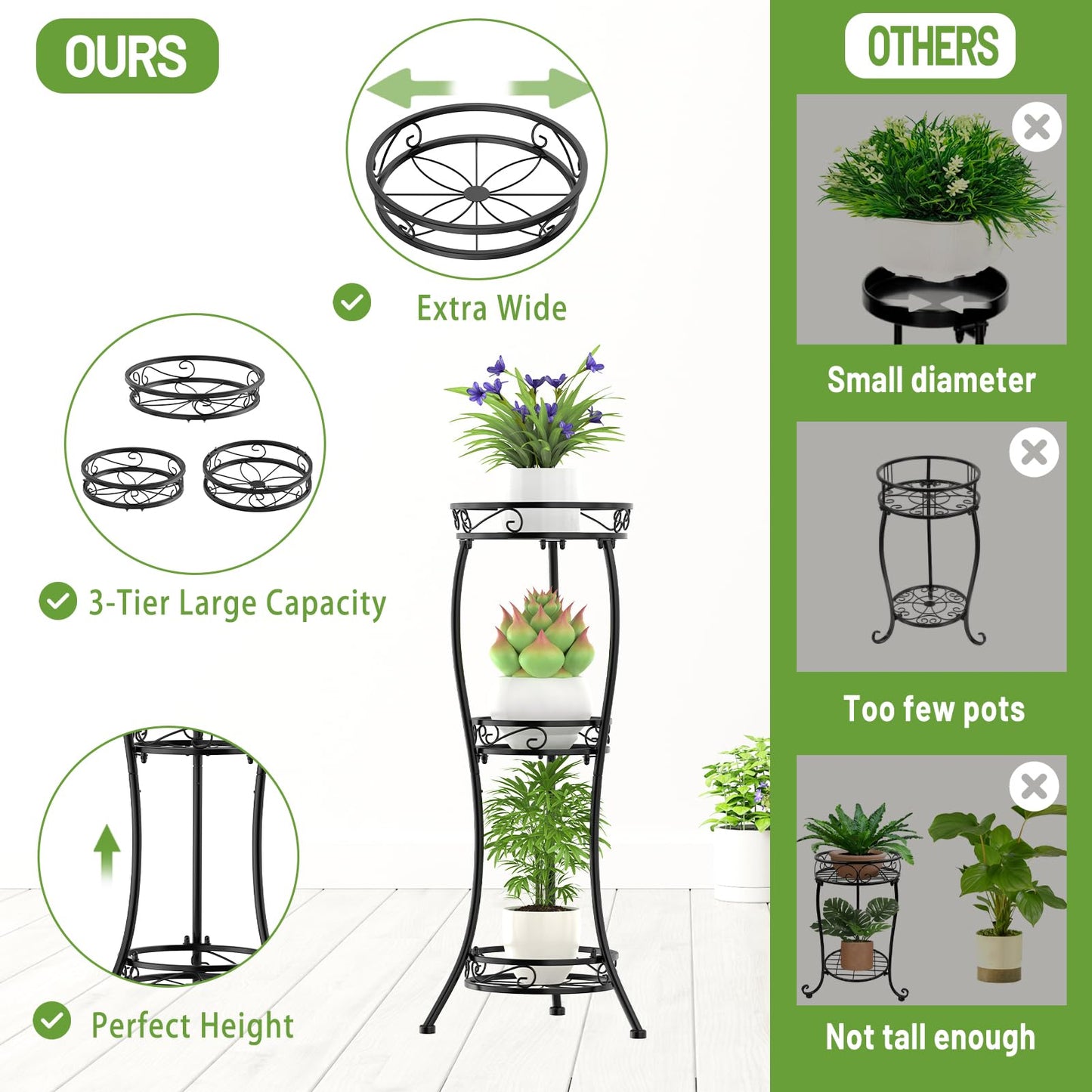 iDavosic.ly 3 Tier Tall Plant Stands Indoor Outdoor, Metal Corner Plant Stand Clearance, 34 Inch Single Flower Plant Pot Holder, Black