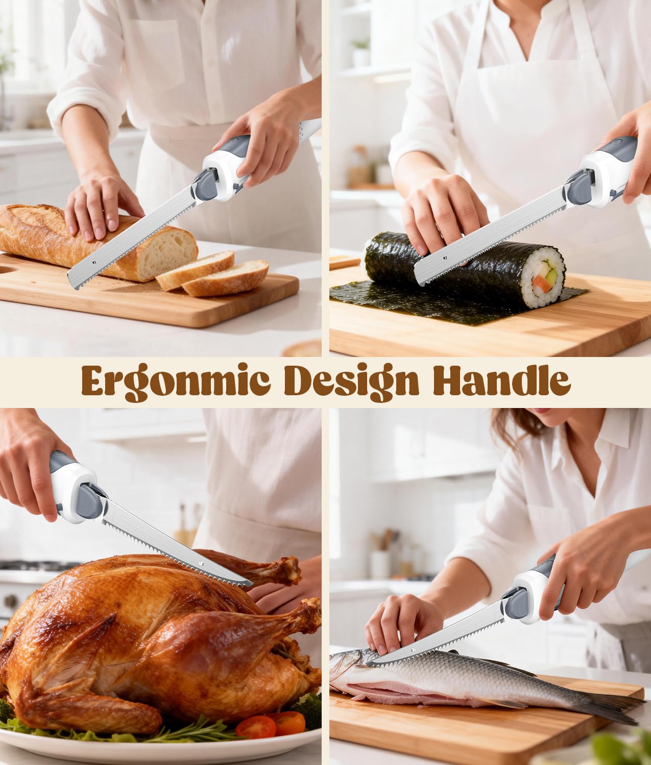 HK Cordless Electric Knife for Meat Slicing, 8V Electric Carving Knife for Fish, Bread, Turkey, Rechargeable Meat Cutter with Reciprocating Stainless Steel Blades, Safety Lock