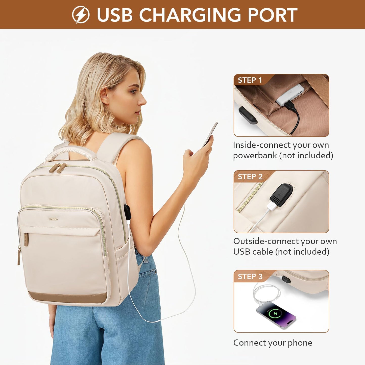 MDODO Laptop Backpack for Women,Travel Backpack with Laptop Compartment,Casual Daypack College Bookbag Computer Work Backpack,15.6Inch, Beige