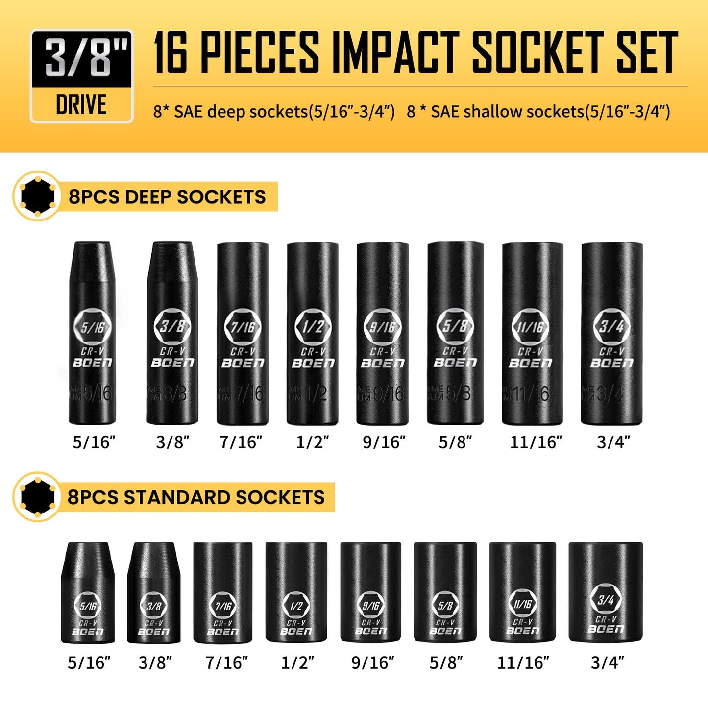 3/8" Drive Impact Socket Set, 57-Piece Standard SAE (5/16 to 3/4 inch) and Metric (8-22mm), Include Ratchet Handle, Extension Bar, Universal Joint, Adapter, and Additional 5 10mm Sockets